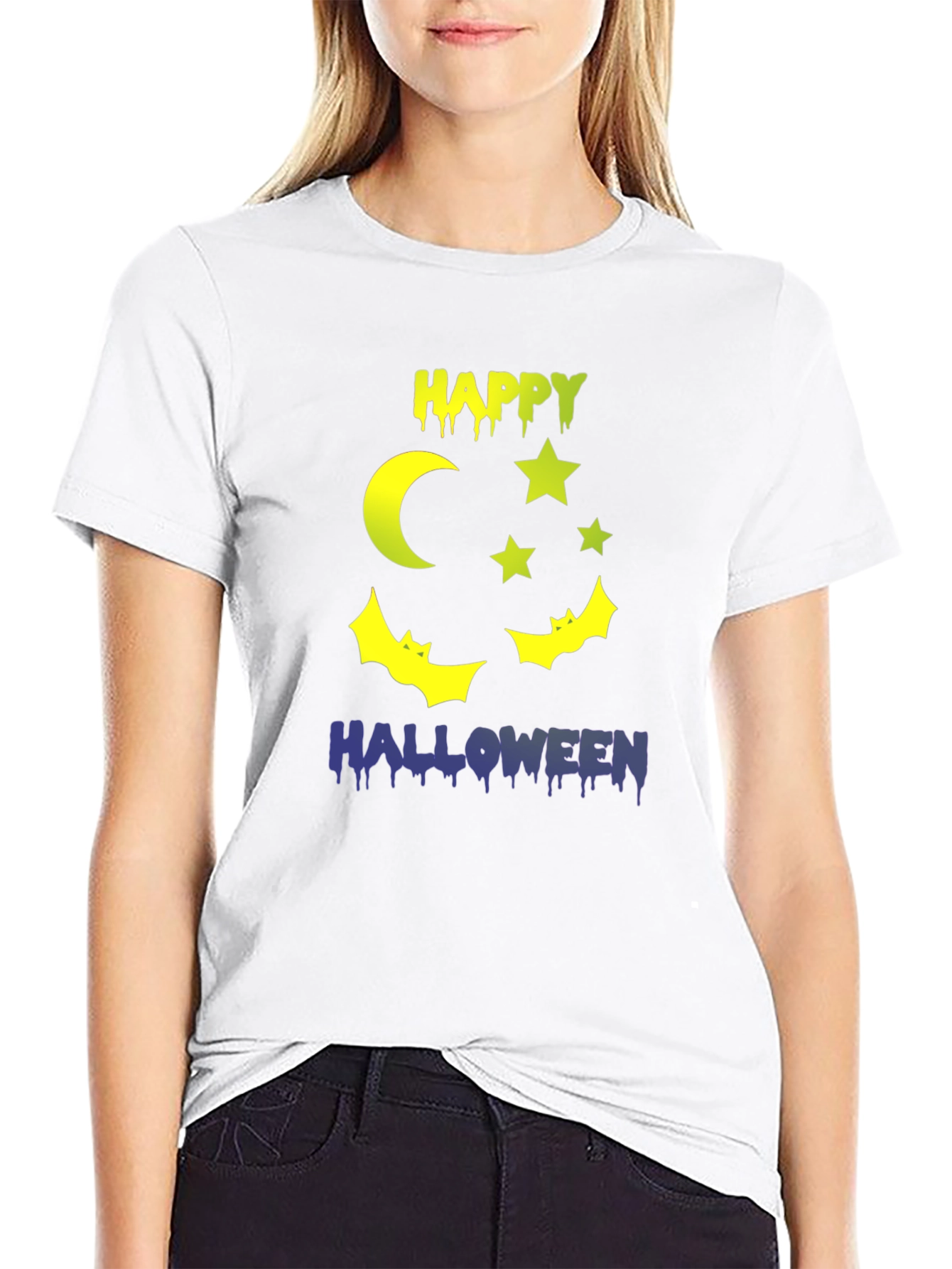 Happy Halloween T-Shirt Moon Stars & Bats Design