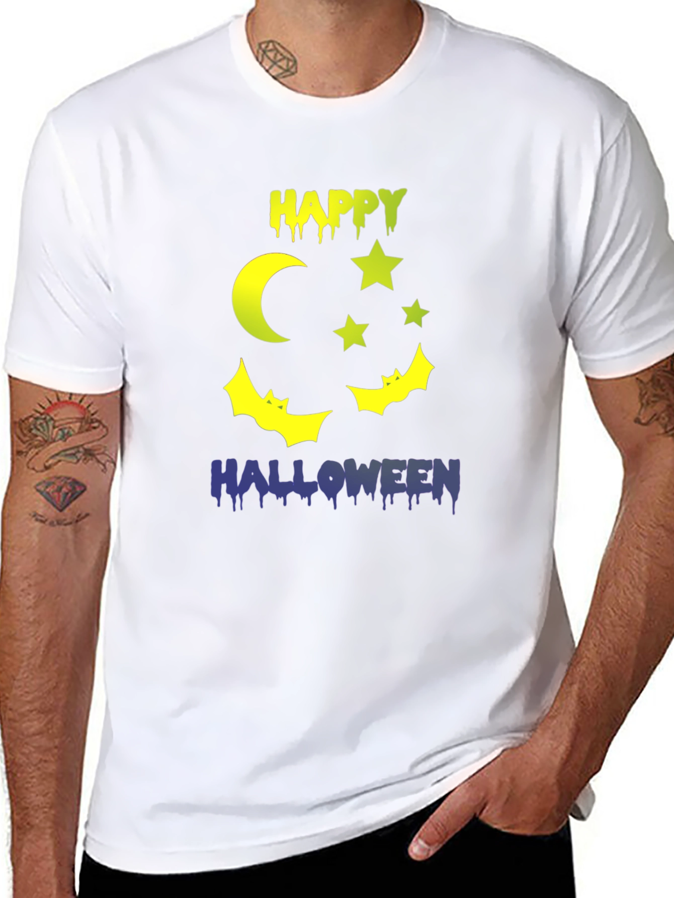 Happy Halloween T-Shirt Moon Stars & Bats Design
