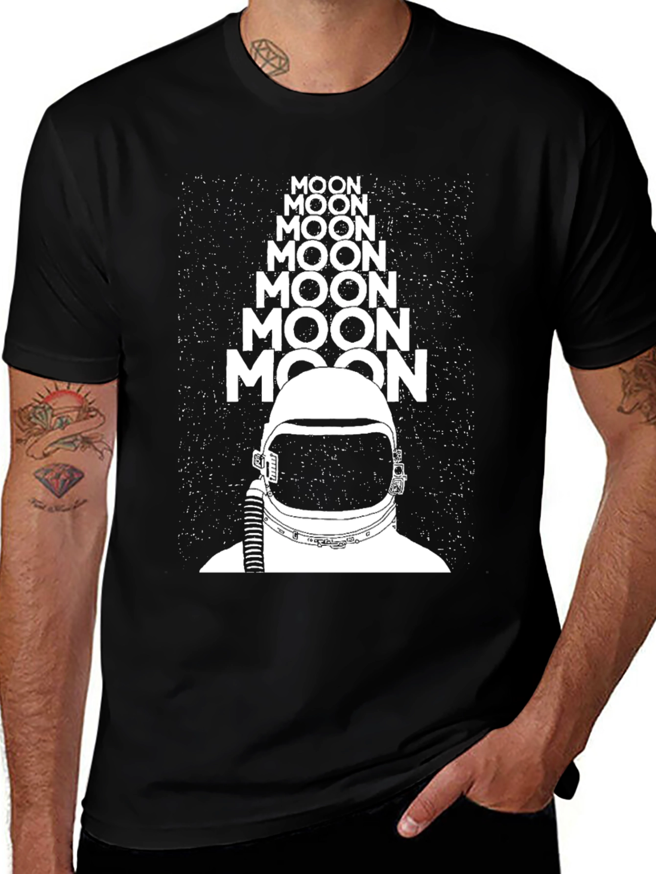 Moon Astronaut Graphic Tee - Black Crew Neck T-Shirt