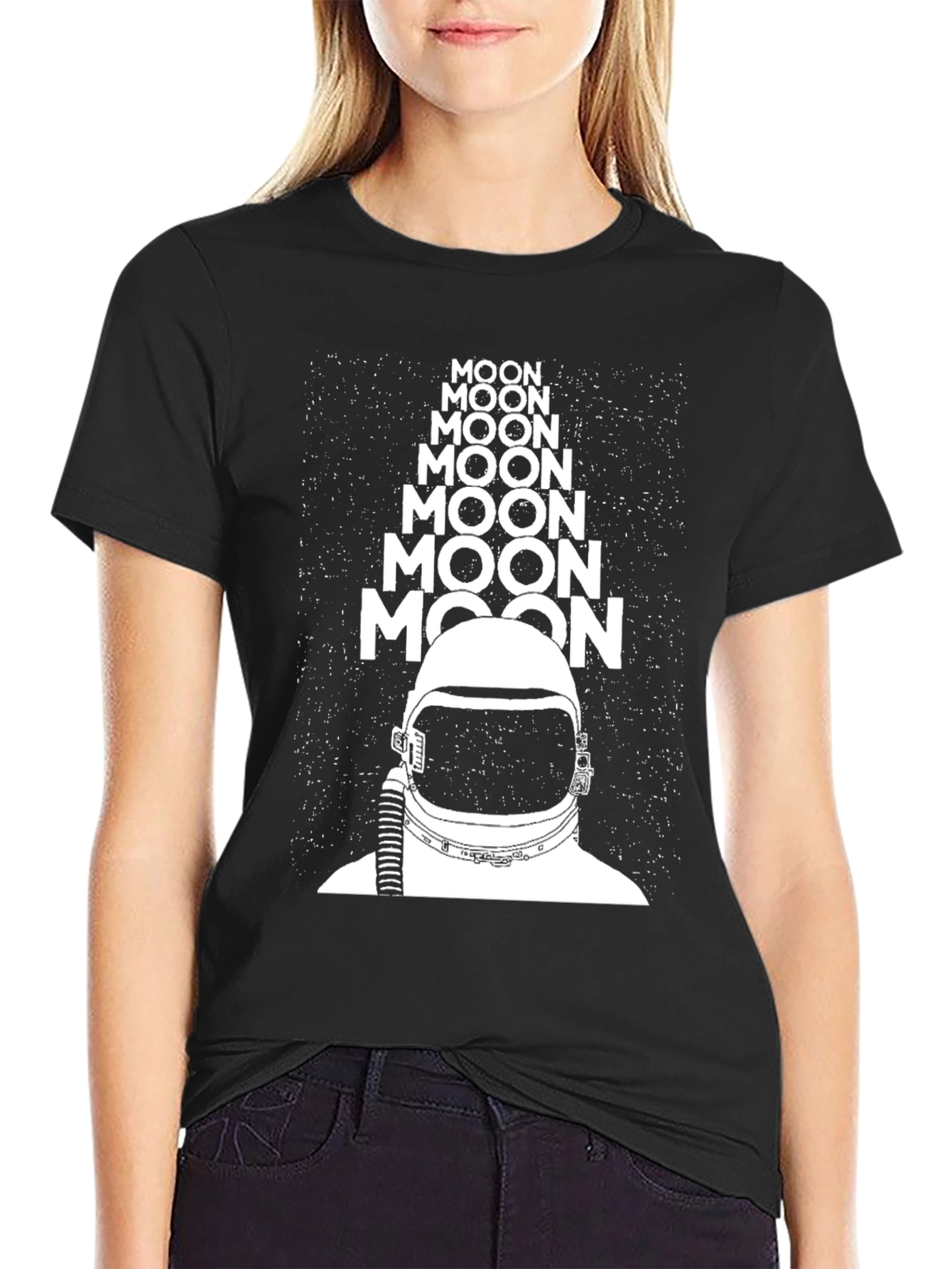 Moon Astronaut Graphic Tee - Black Crew Neck T-Shirt