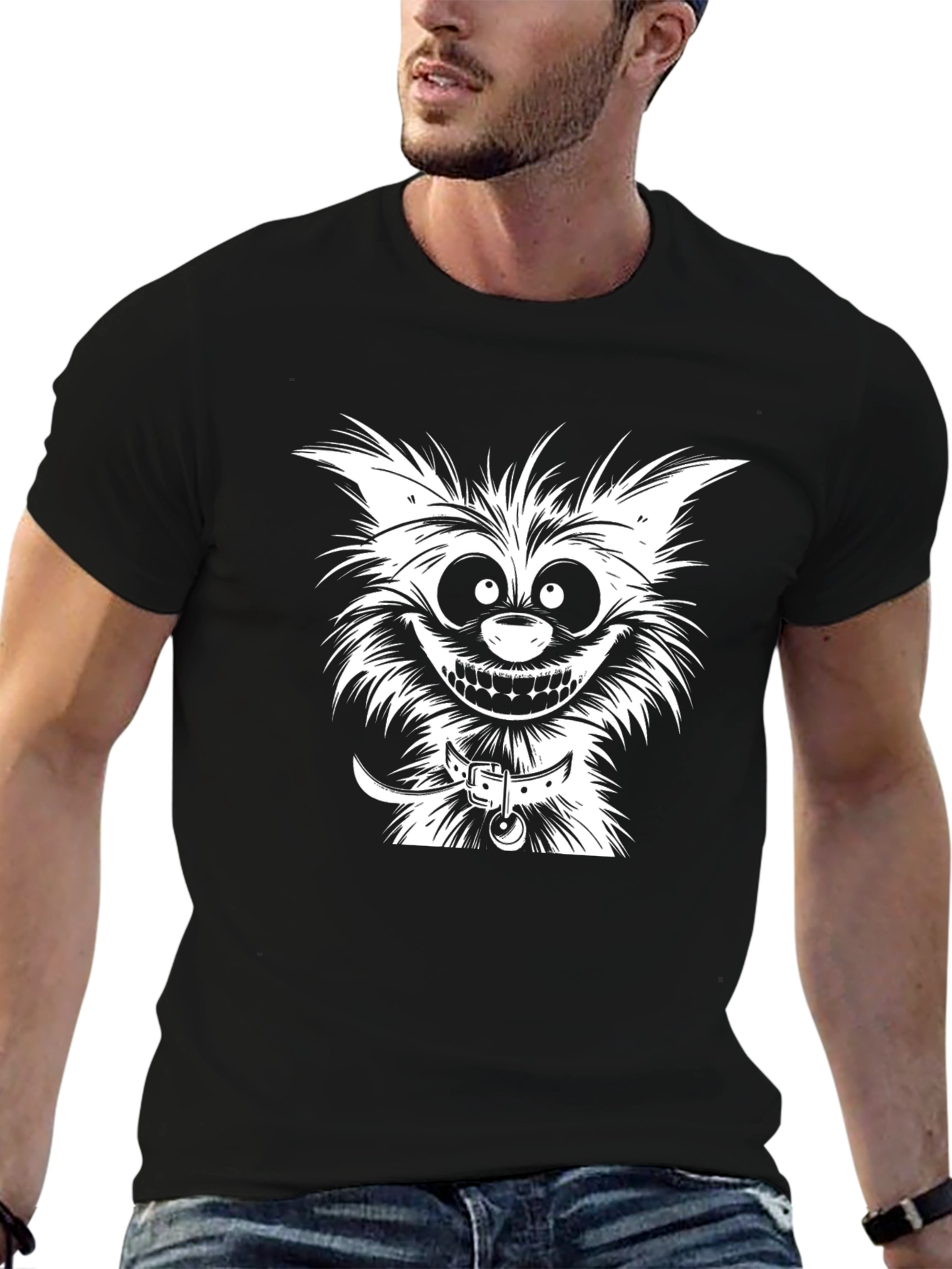 Cartoon Cat Graphic Tee - Black Cotton T-Shirt