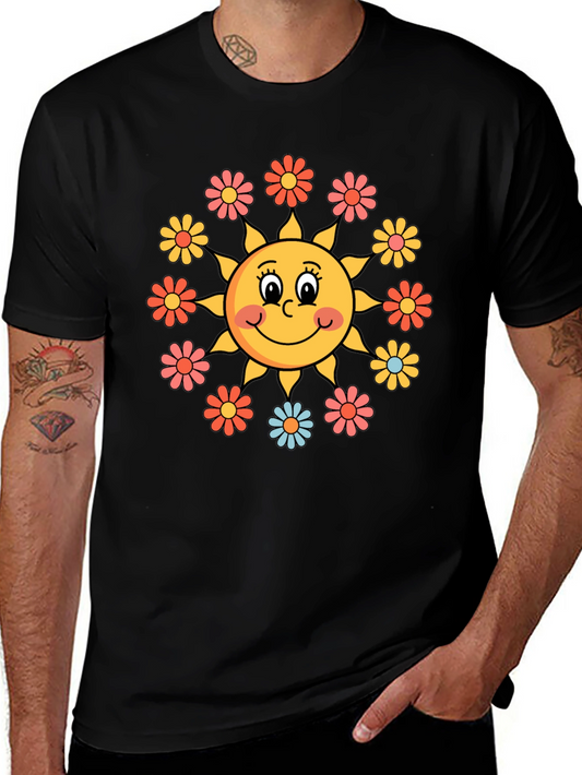 Retro Sun & Floral Graphic Tee - Groovy Vibes
