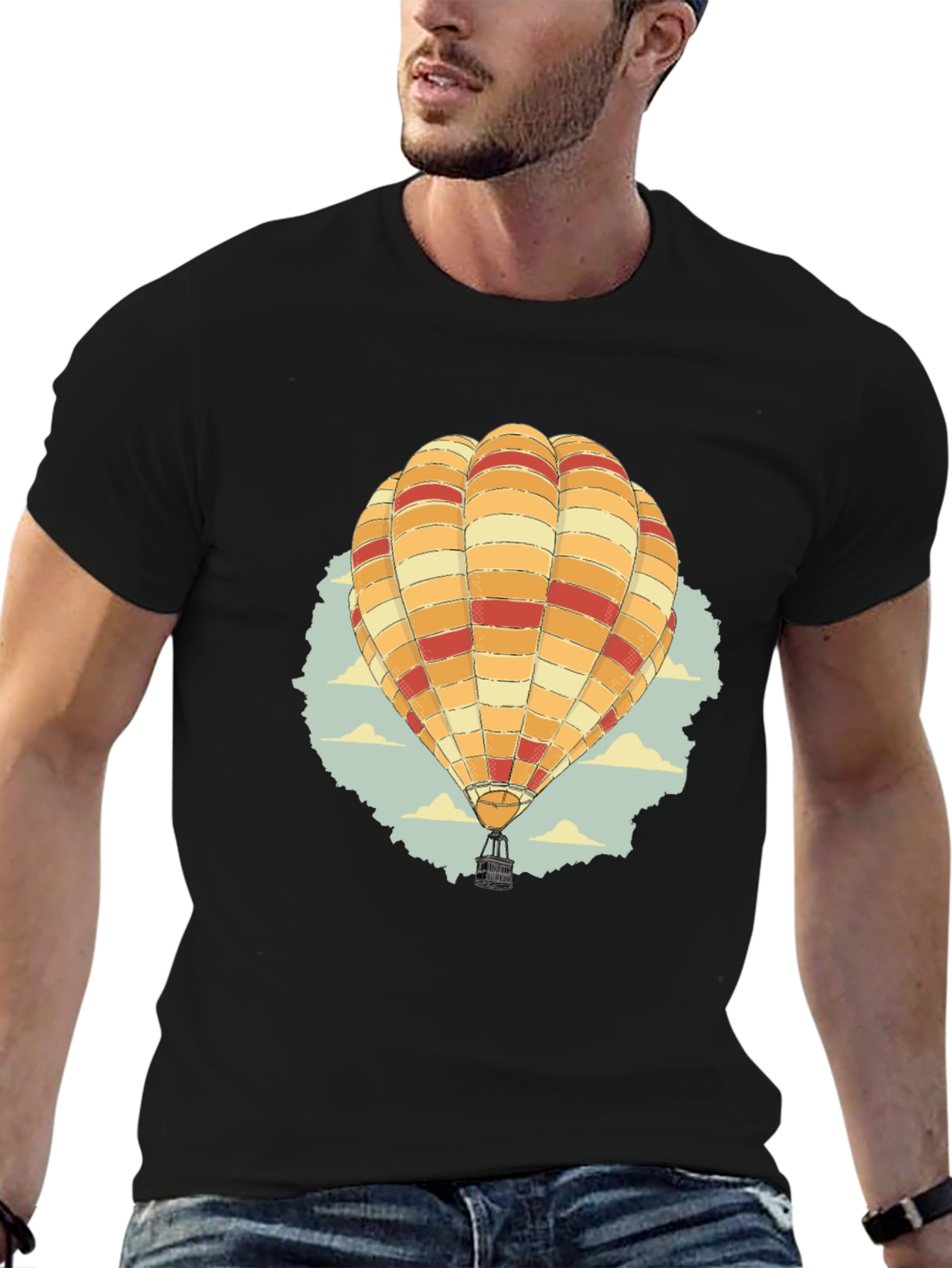 Hot Air Balloon Graphic Tee - Black Cotton T-Shirt
