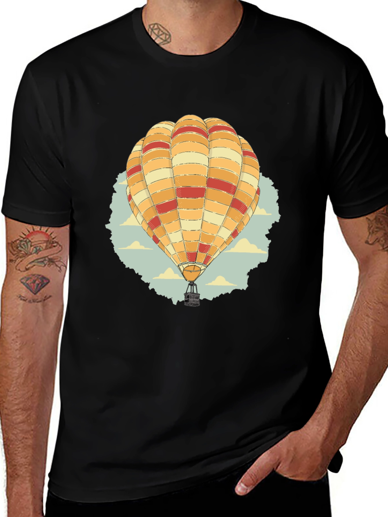 Hot Air Balloon Graphic Tee - Black Cotton T-Shirt