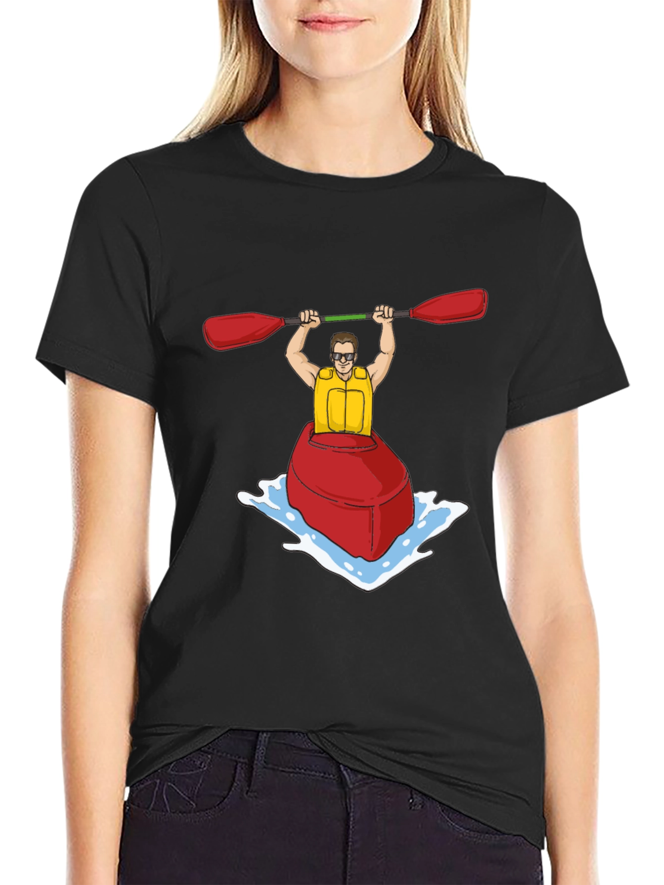 Kayak Cartoon Graphic Black T-Shirt