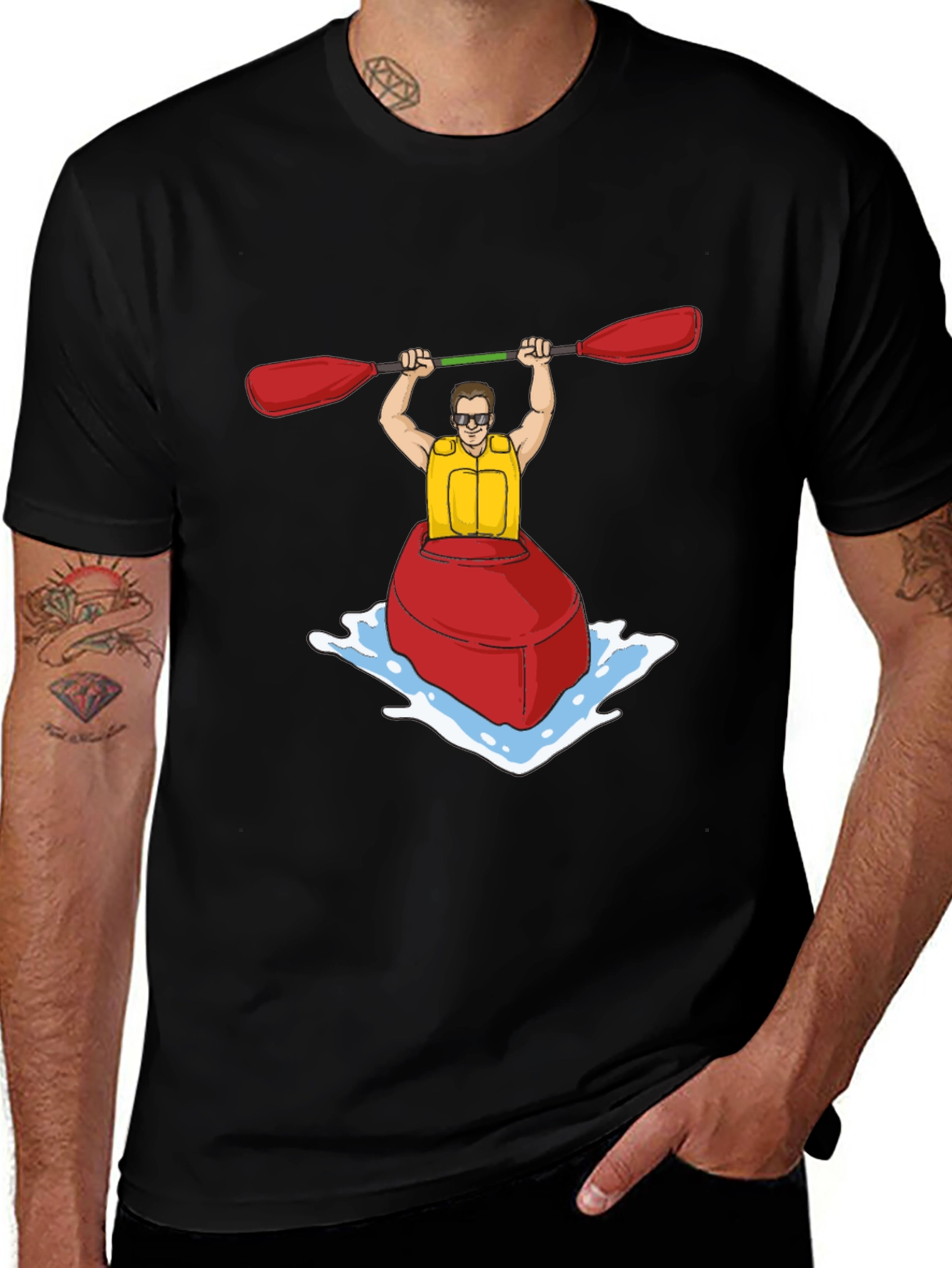 Kayak Cartoon Graphic Black T-Shirt