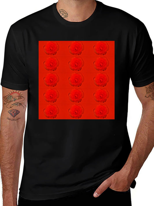 Red Rose Pattern Black T-Shirt