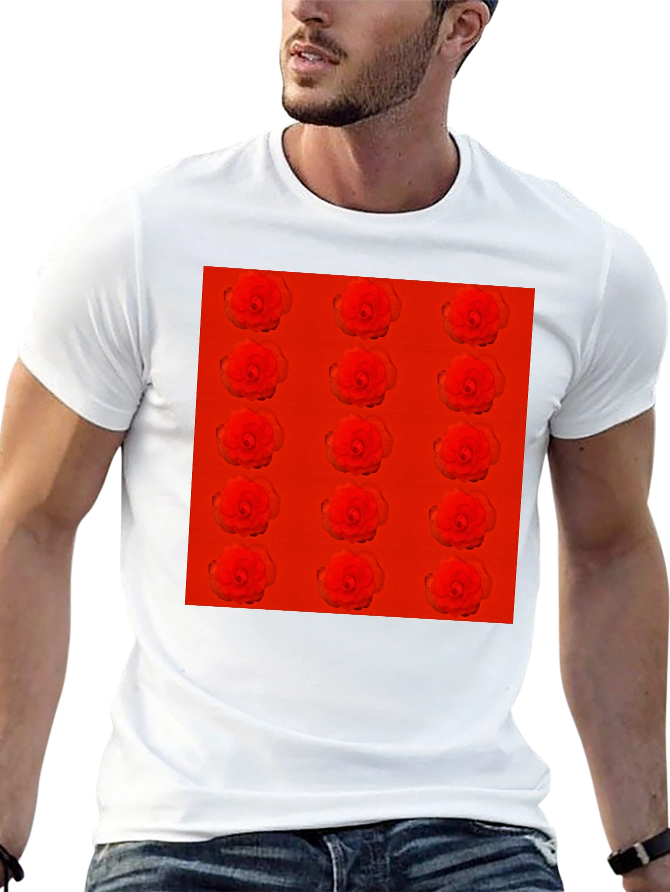 Red Rose Pattern Black T-Shirt