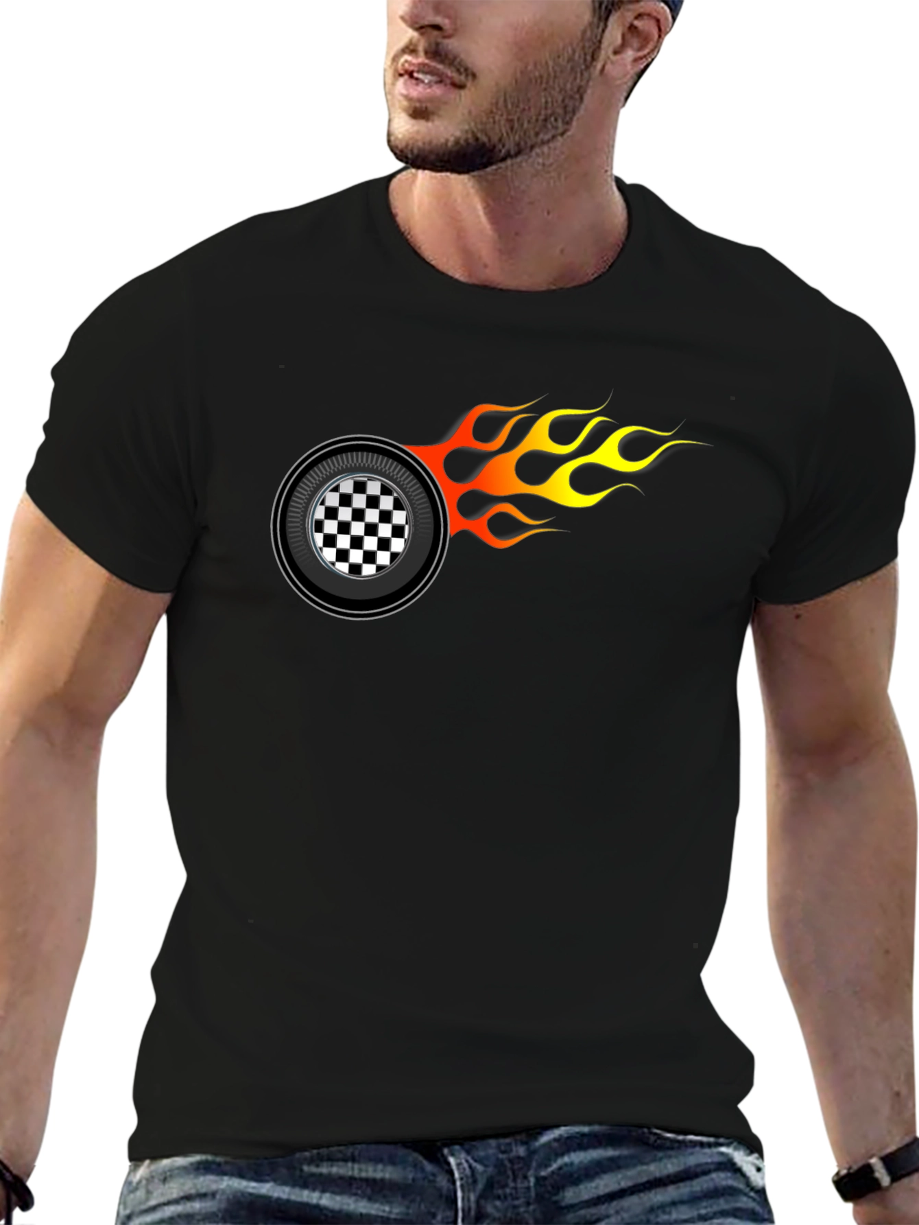 Racing Wheel Flame Graphic Black T-Shirt