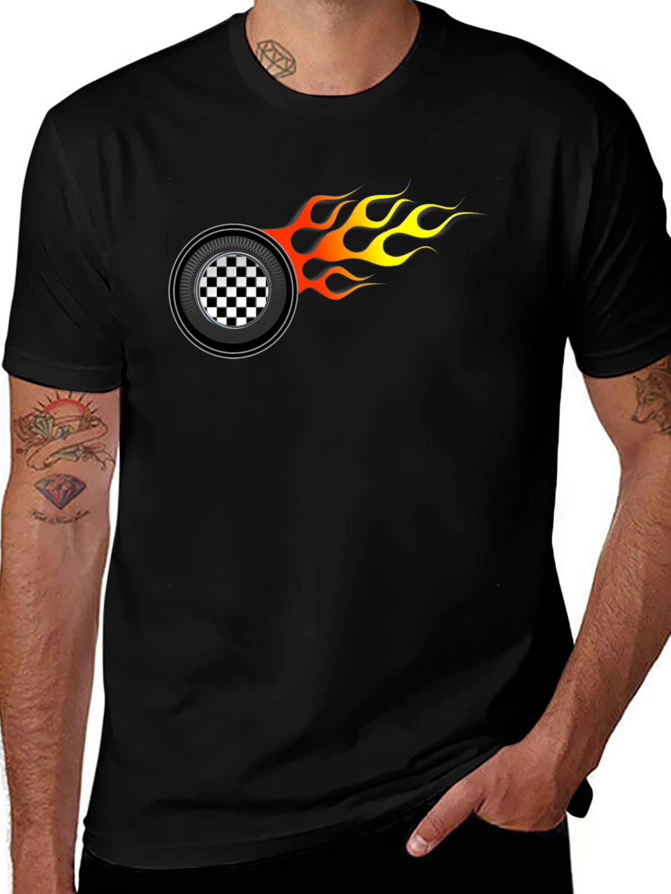 Racing Wheel Flame Graphic Black T-Shirt