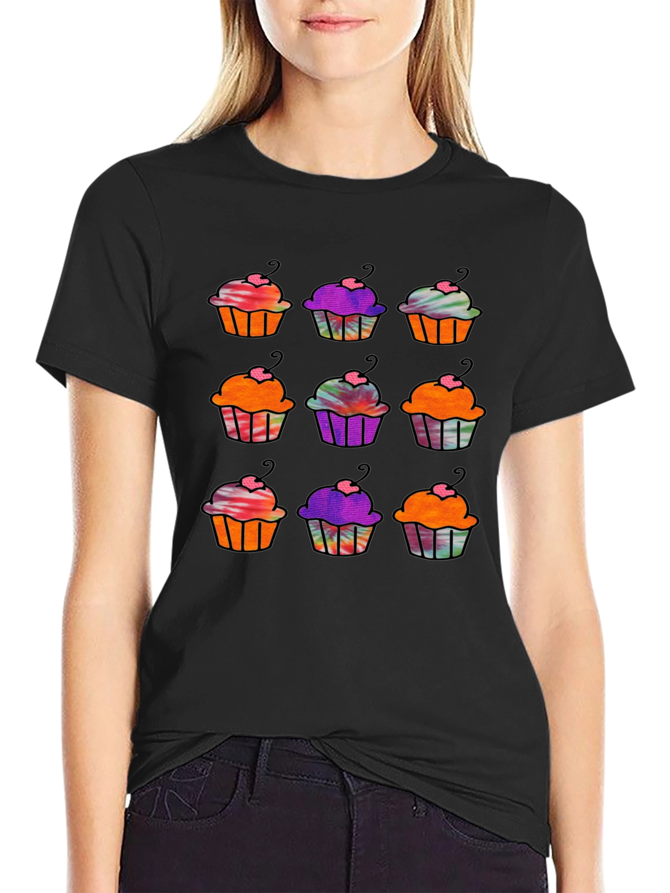 Cupcake Pattern Black T-Shirt