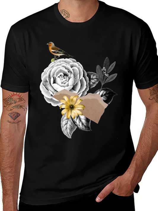 Floral Bird Graphic Tee - Stylish Mens Black T-Shirt