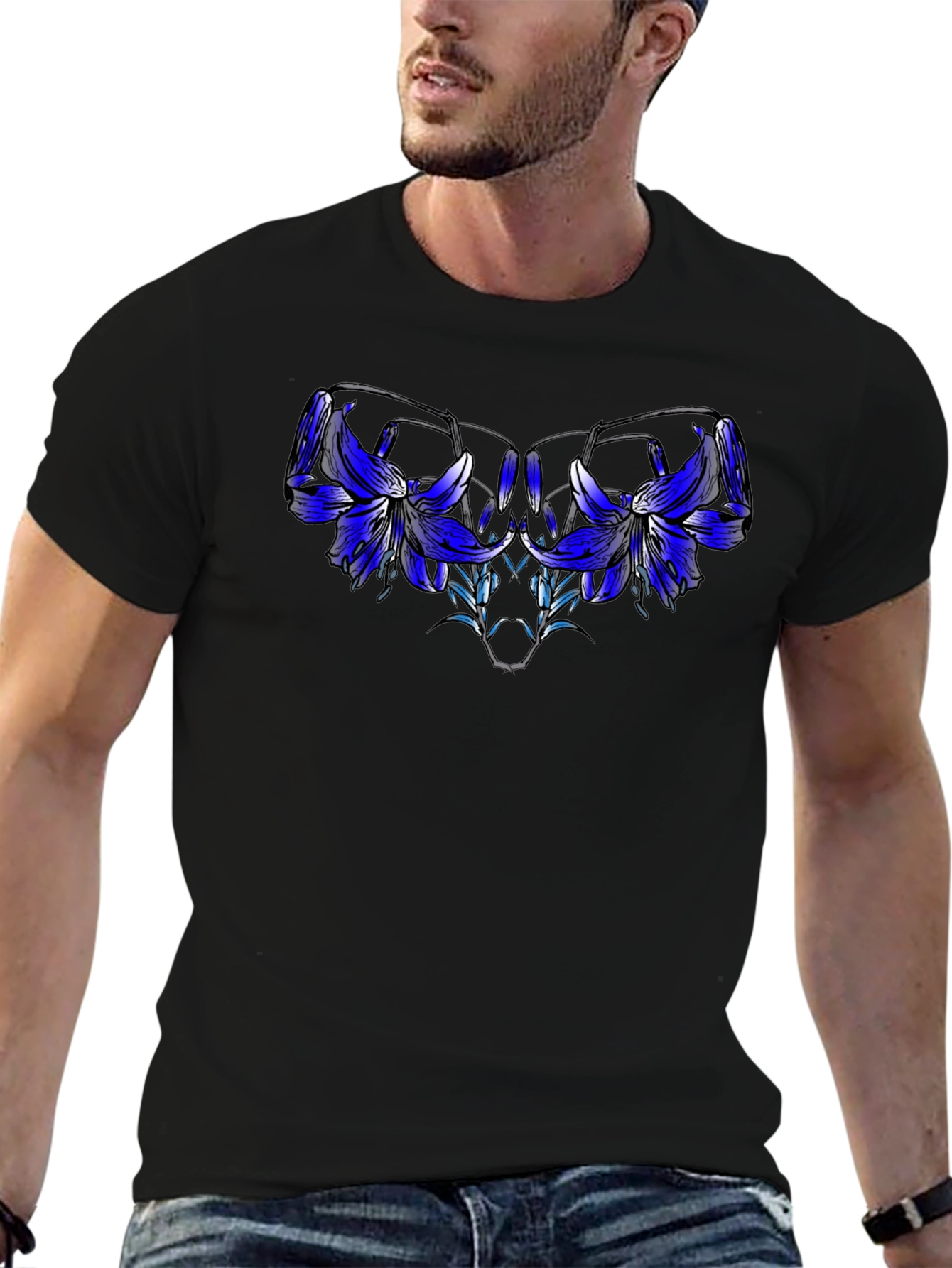 Black Floral Graphic Tee - Modern Artistic Design