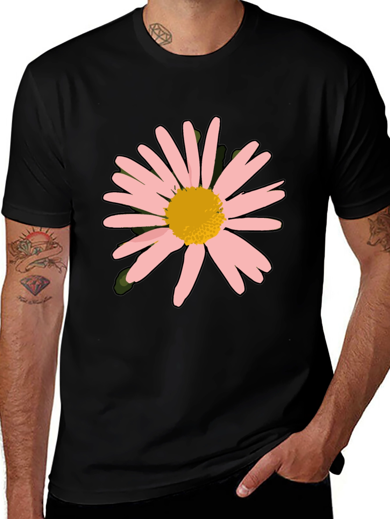 Pink Daisy Graphic Black T-Shirt