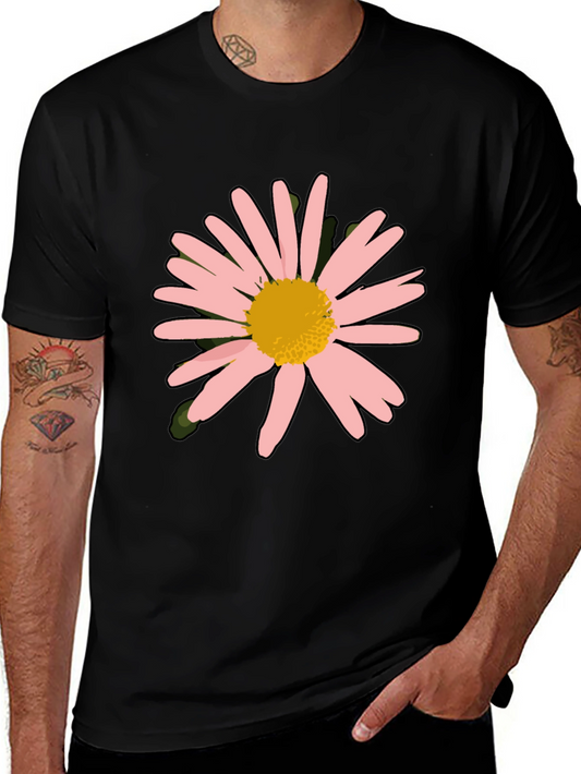 Pink Daisy Graphic Black T-Shirt