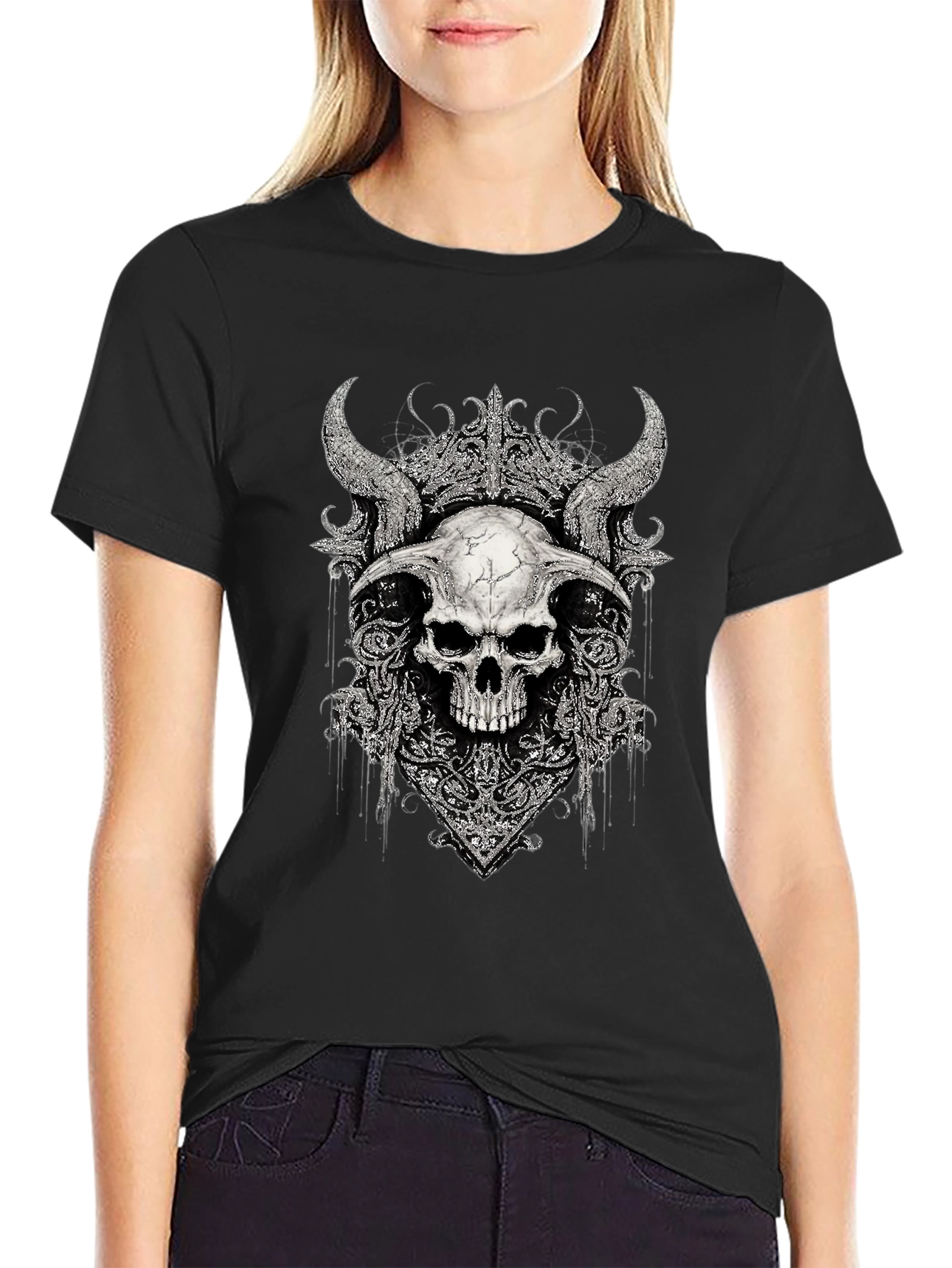 Black Skull Horns Graphic Print T-Shirt