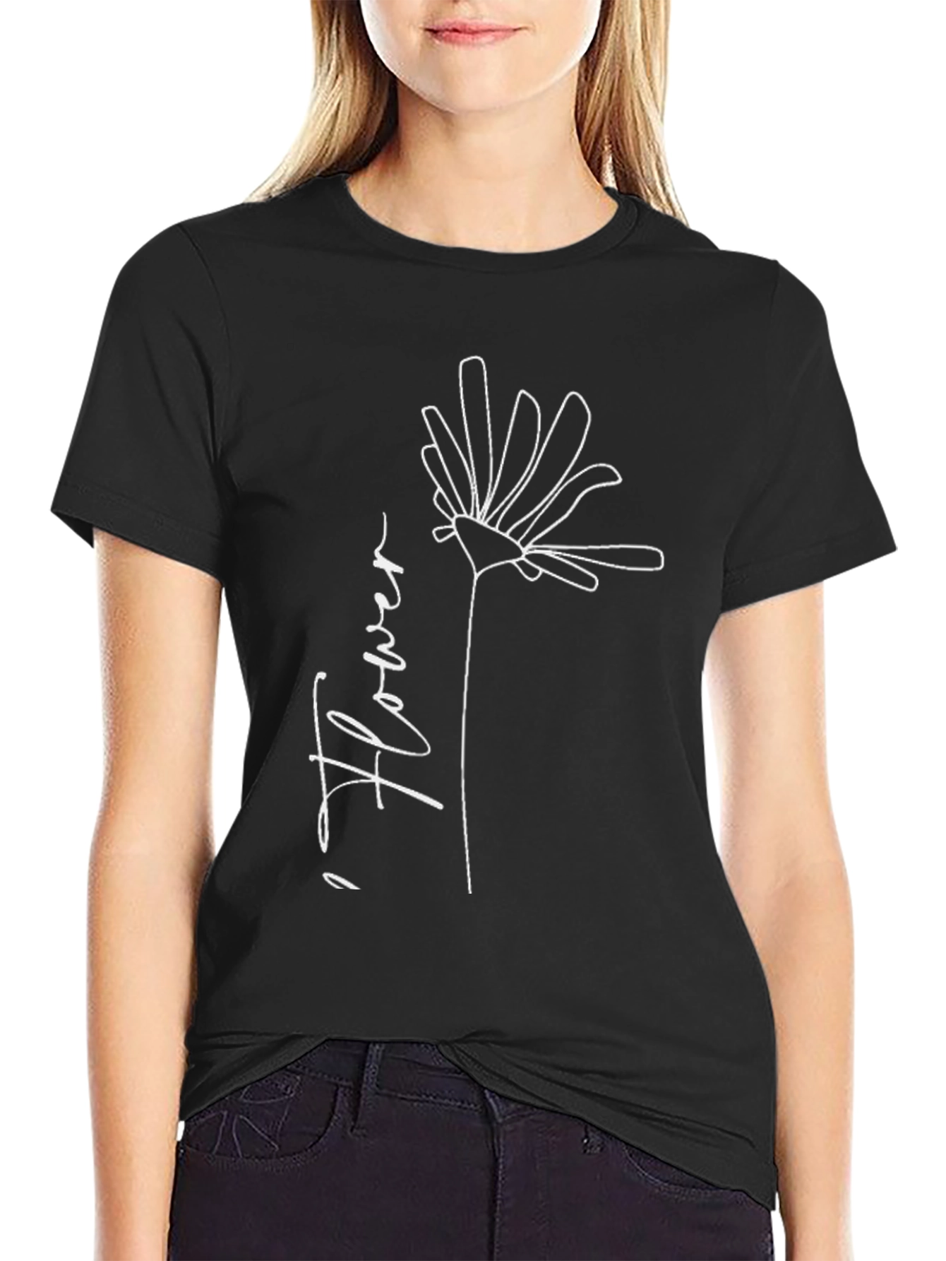 Minimalist Flower Line Art Black T-Shirt