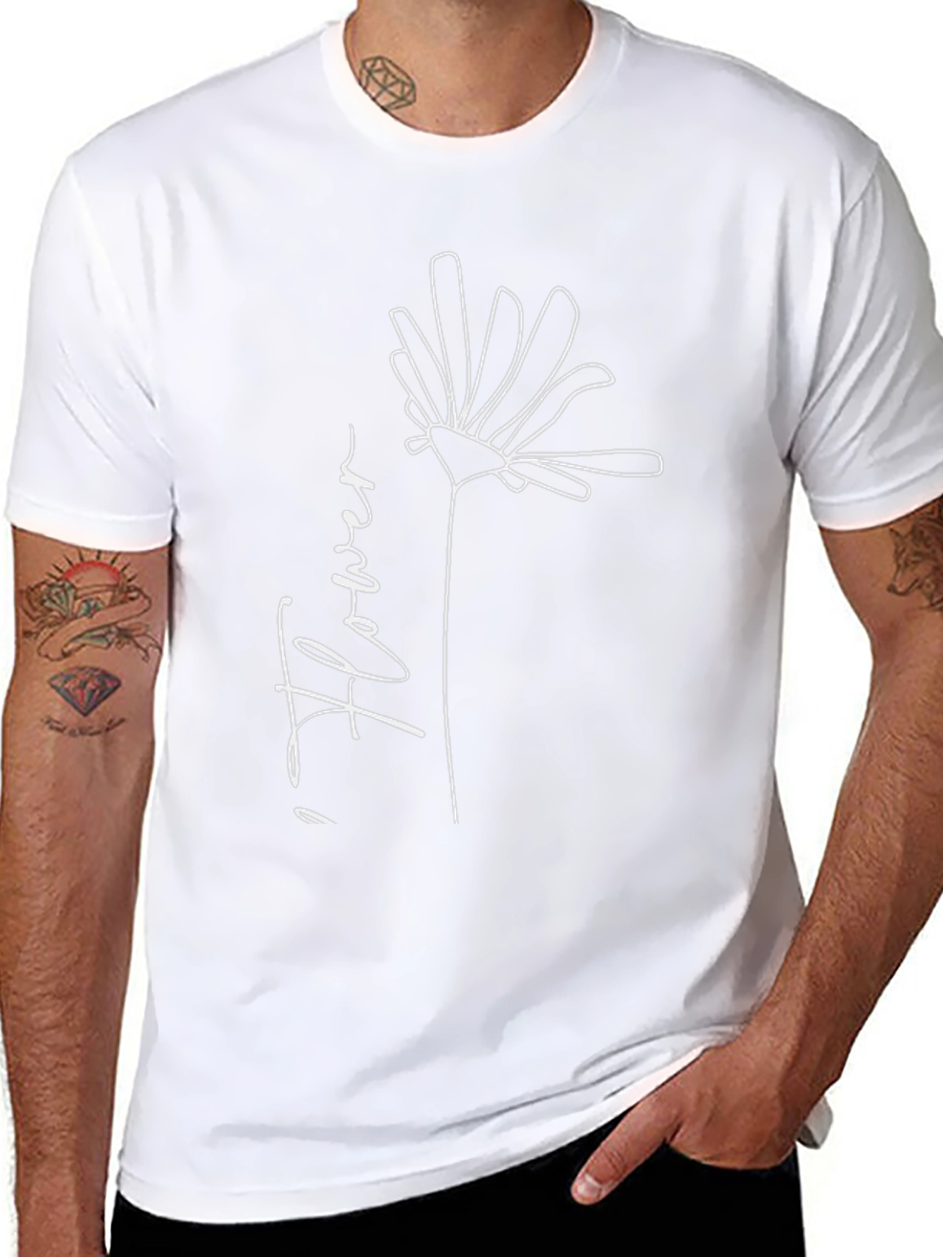 Minimalist Flower Line Art Black T-Shirt