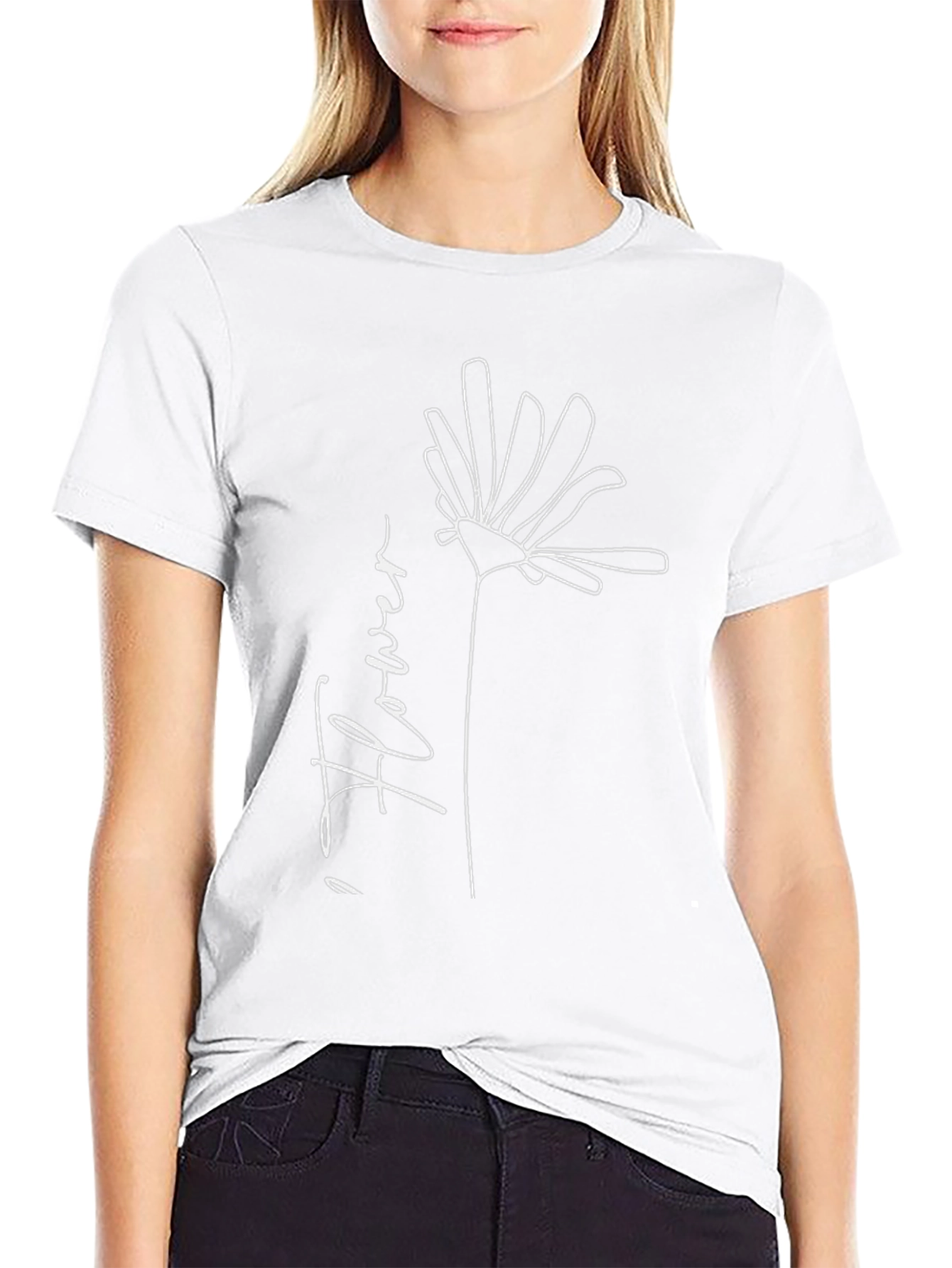 Minimalist Flower Line Art Black T-Shirt