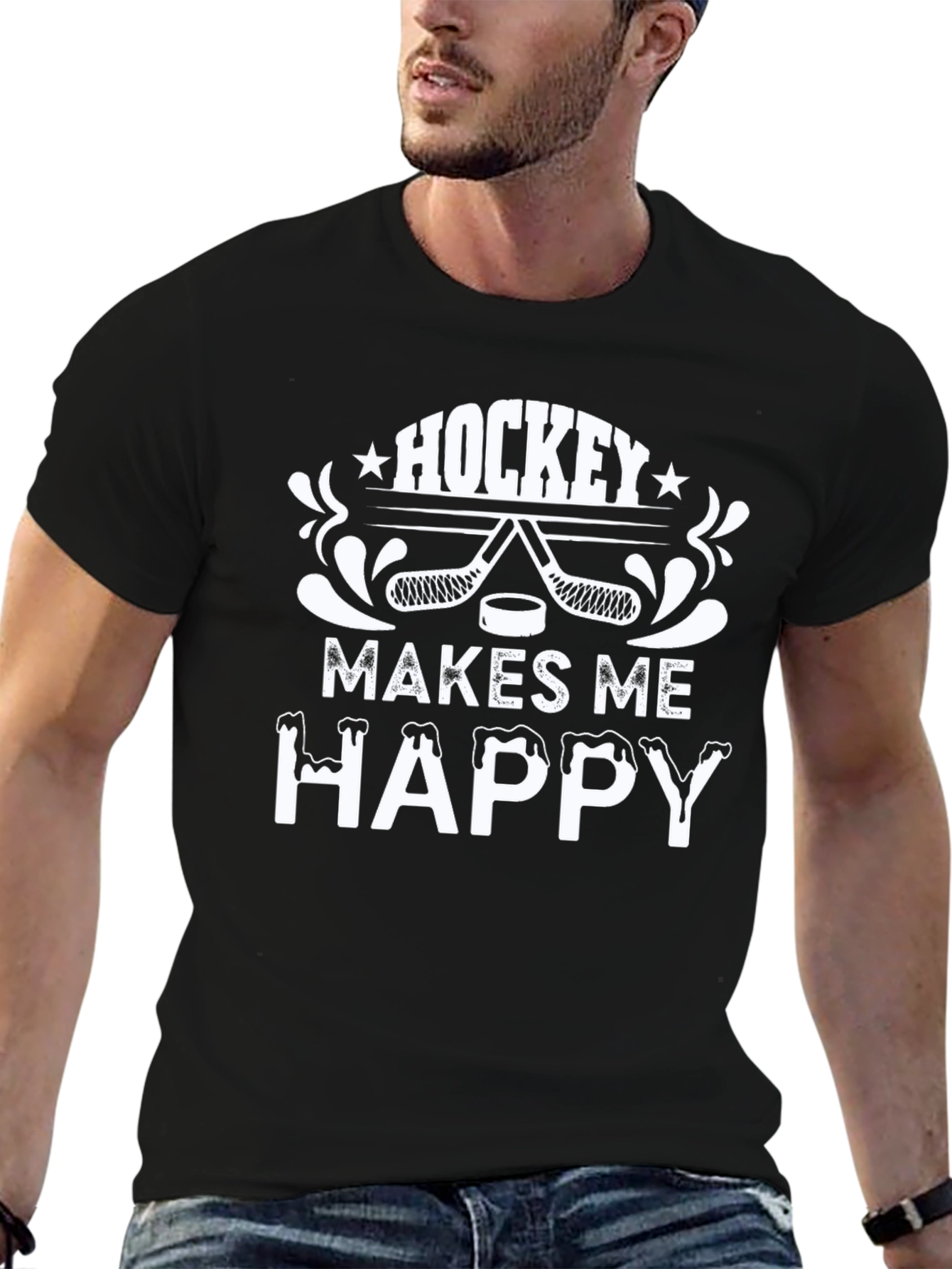 Hockey Makes Me Happy T-Shirt - Black Graphic Tee