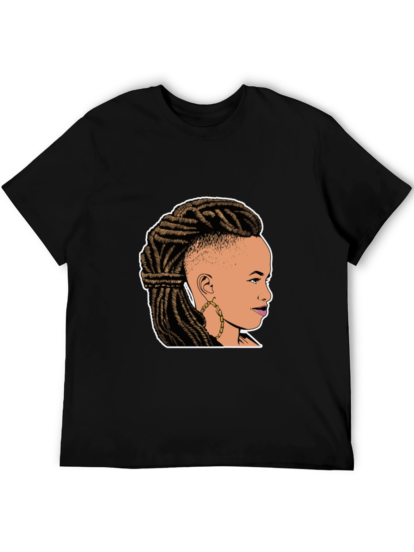 Graphic Tee: Woman with Braids on Black T-Shirt