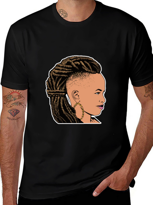 Graphic Tee: Woman with Braids on Black T-Shirt