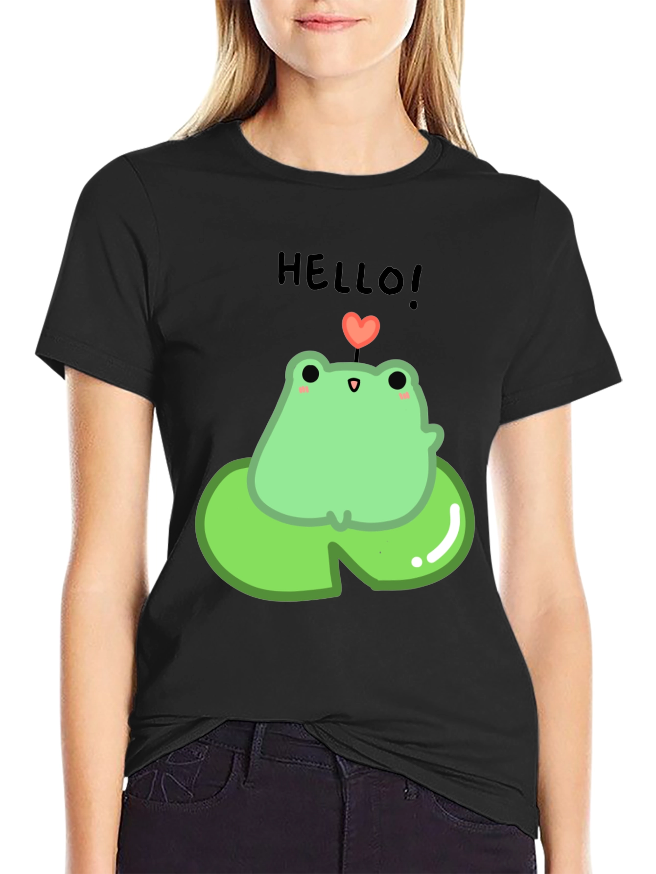 Cute Frog on Lily Pad Graphic Tee - Black