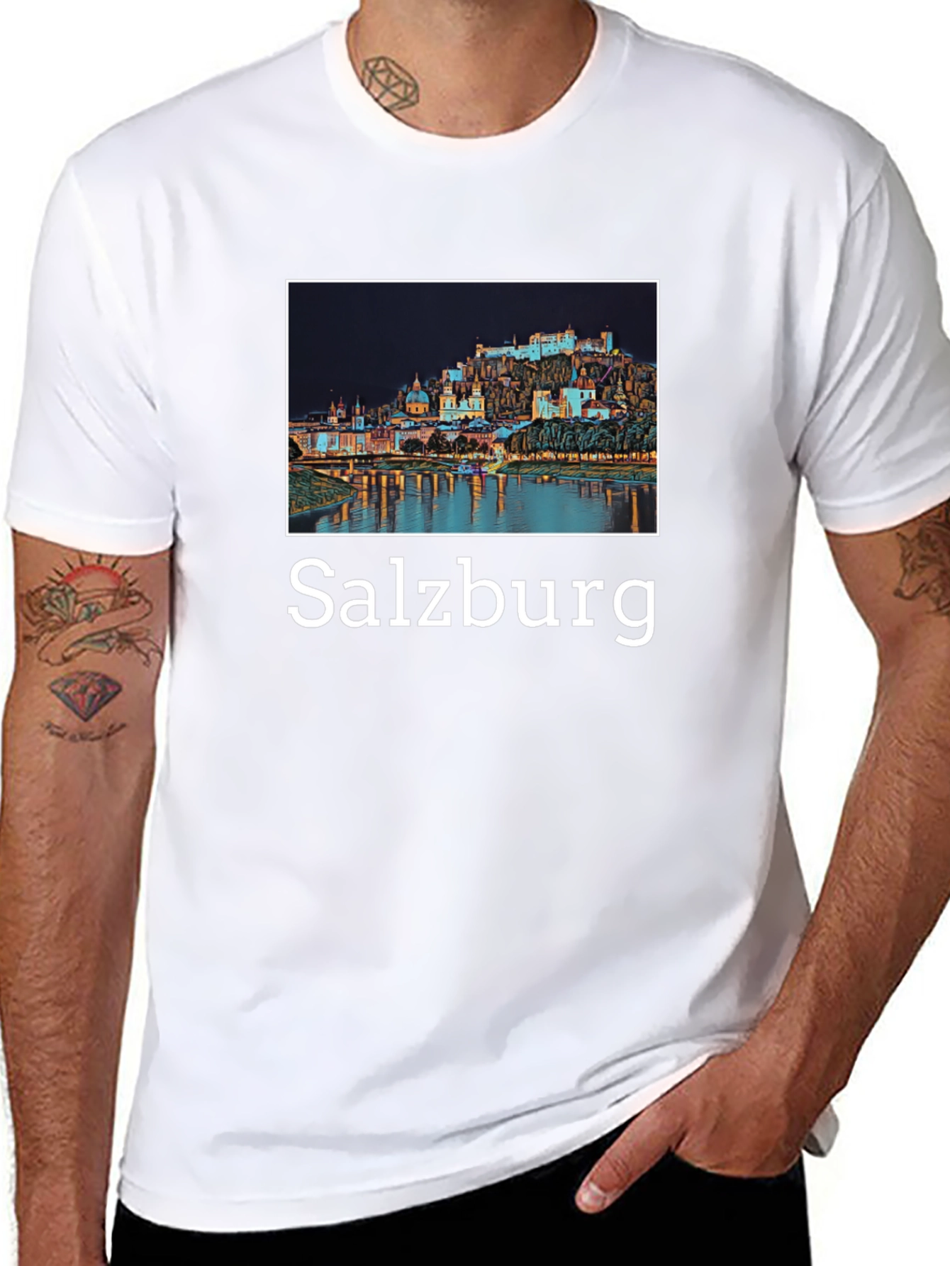 Salzburg Cityscape Graphic Tee - Black Cotton T-Shirt