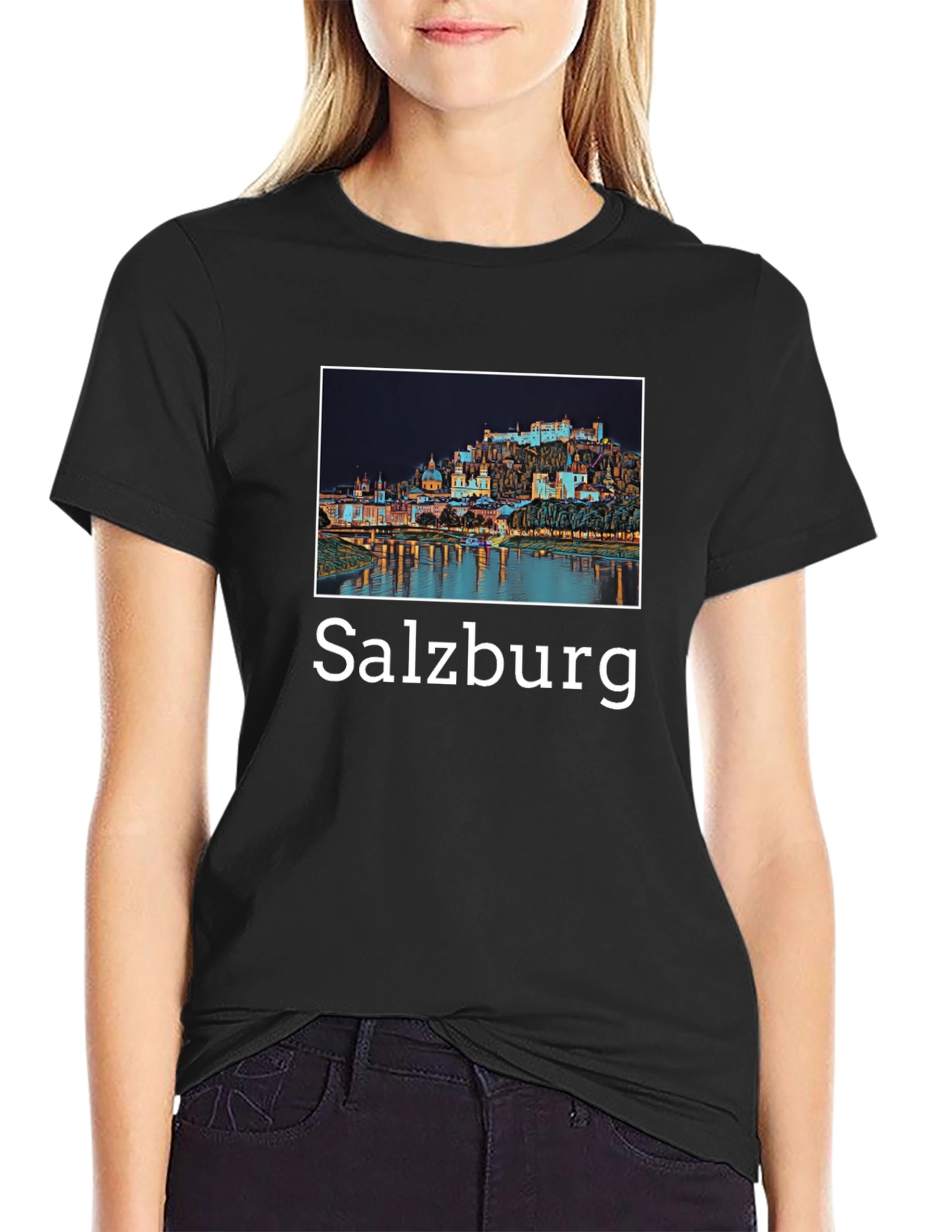 Salzburg Cityscape Graphic Tee - Black Cotton T-Shirt