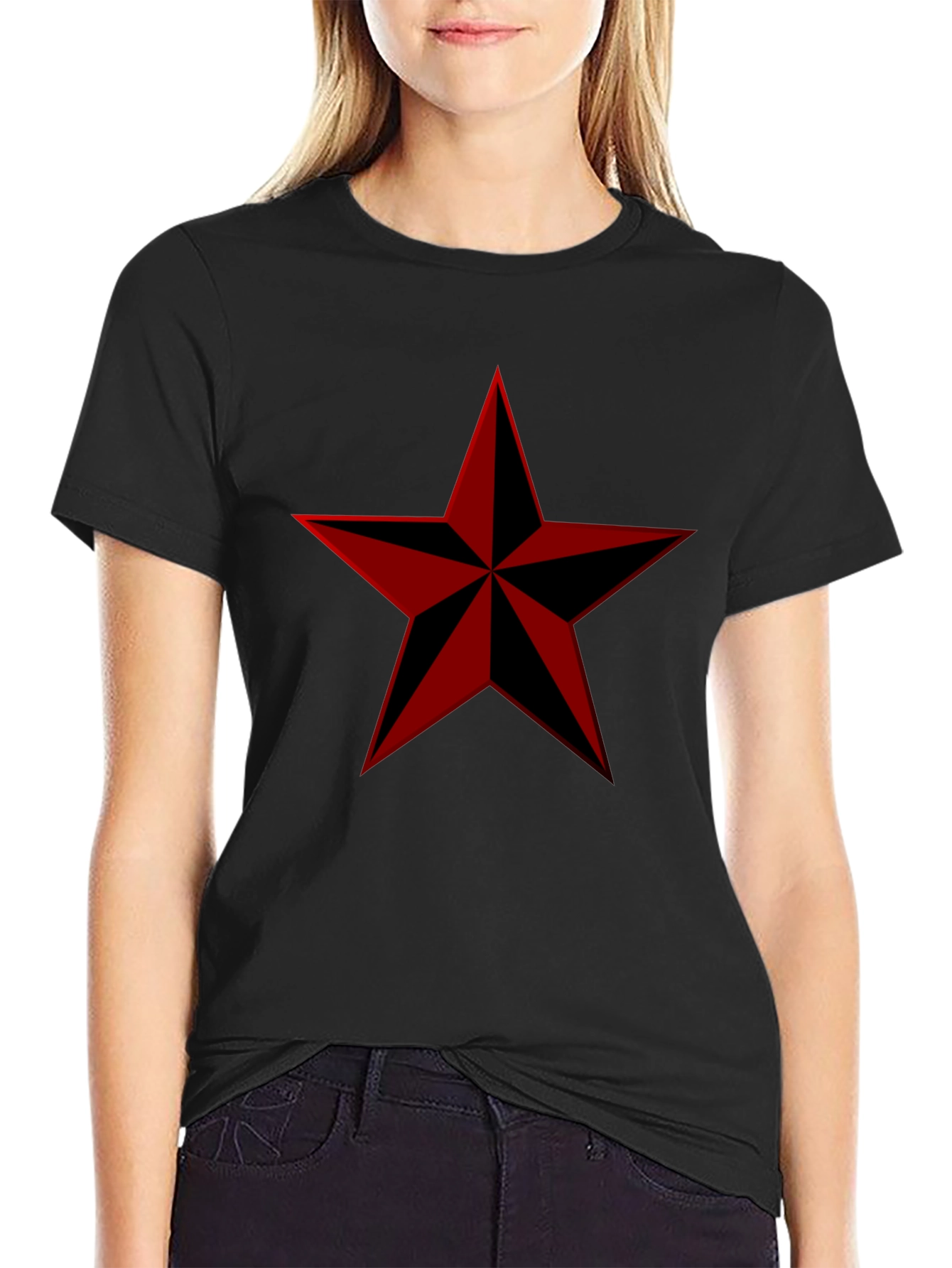 Red Nautical Star Graphic Print Black T-Shirt