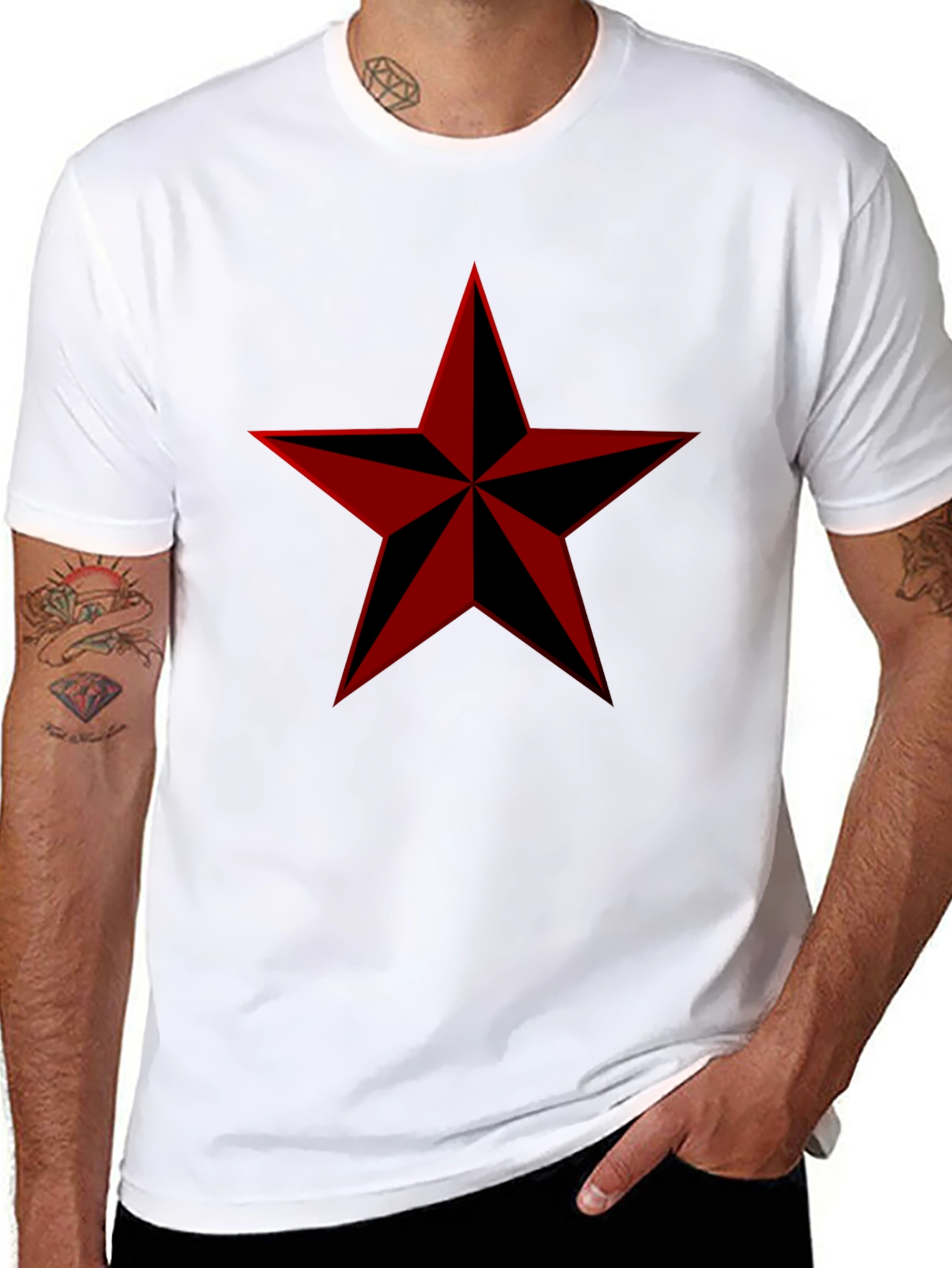 Red Nautical Star Graphic Print Black T-Shirt