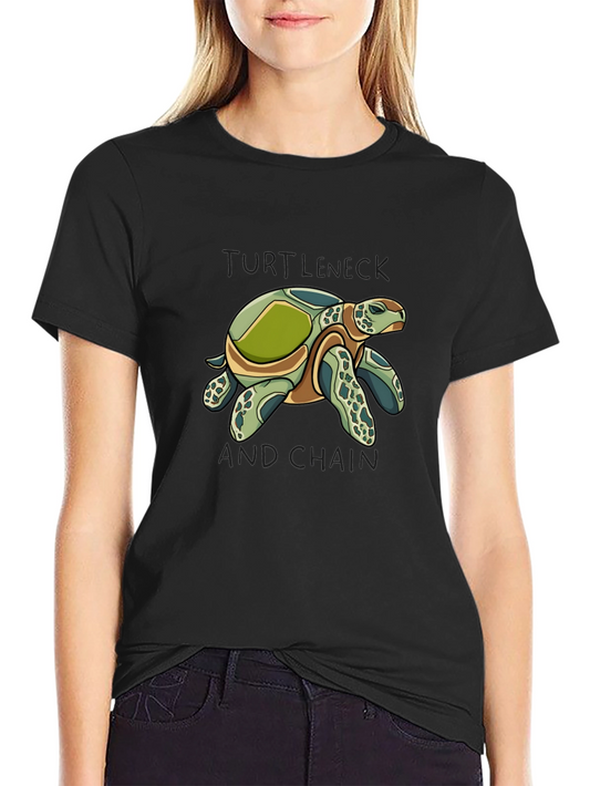 Turtle Graphic Tee - Turtleneck and Chain Black Cotton T-Shirt