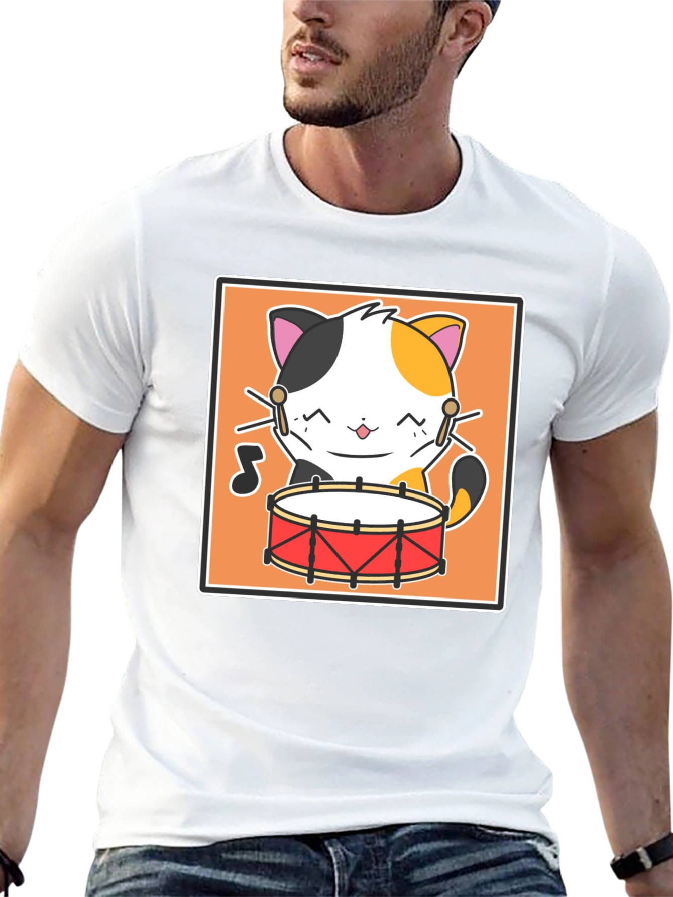 Cat Drummer Black T-Shirt - Music Lover Tee