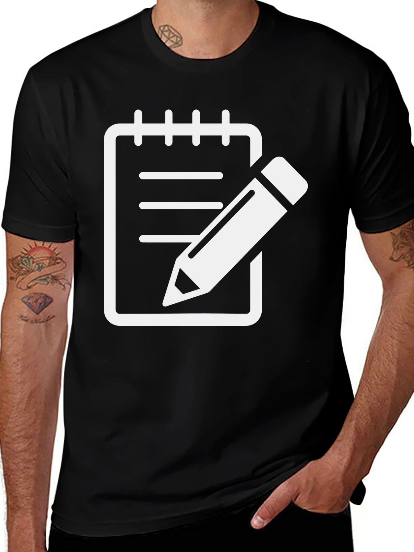 Notebook & Pencil Graphic Tee - Black Cotton Shirt