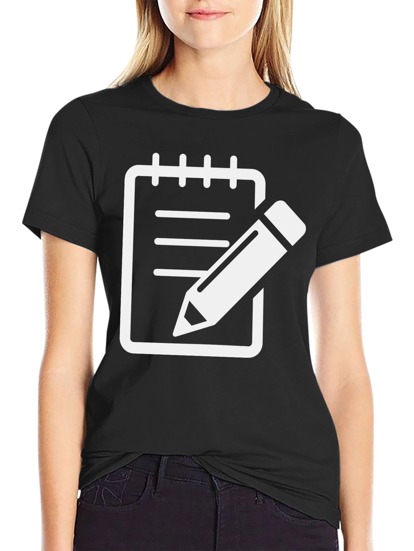 Notebook & Pencil Graphic Tee - Black Cotton Shirt