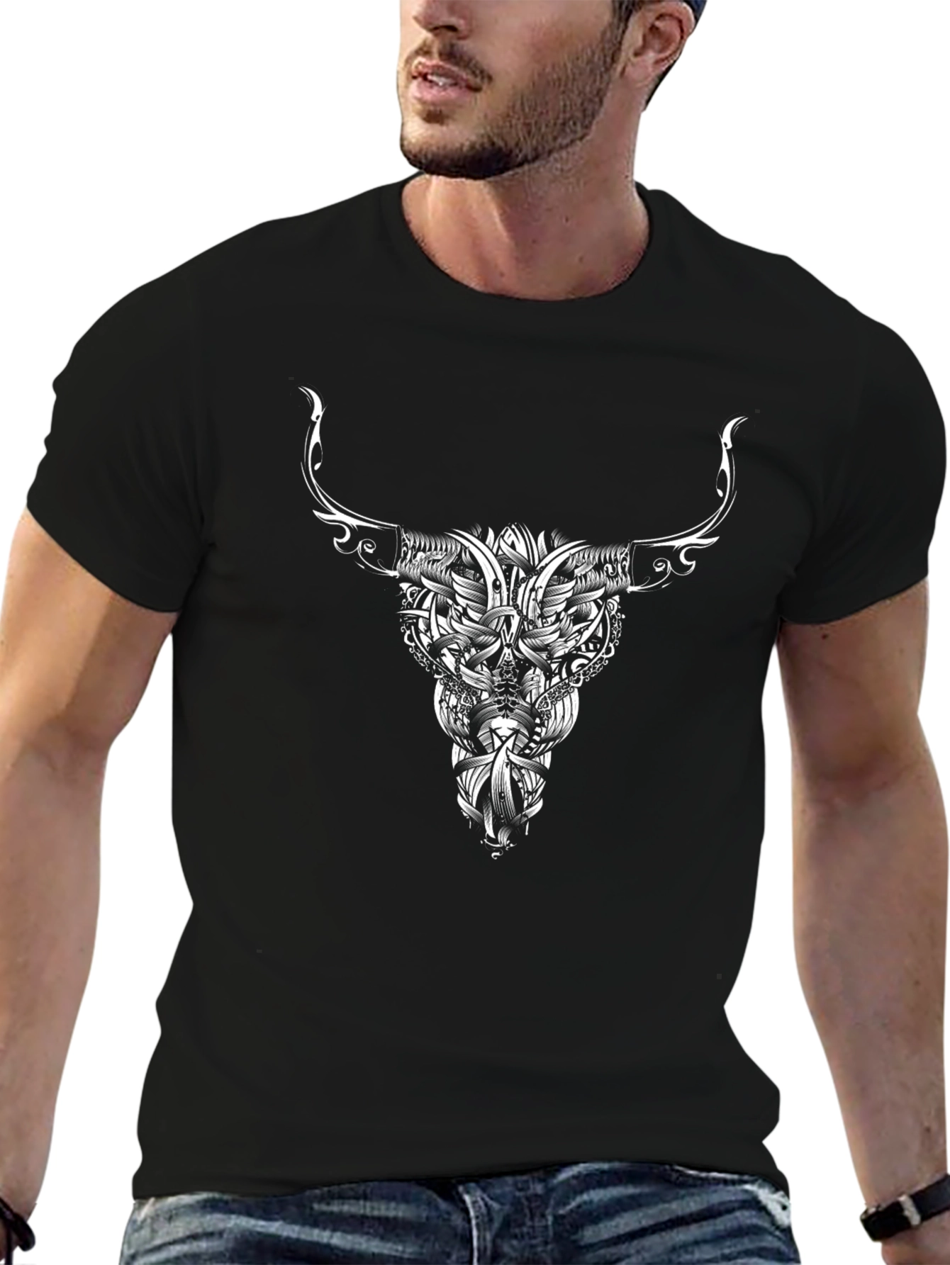 Black Tee with Bull Skull Tribal Art