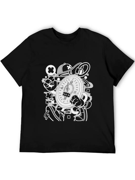 Cartoon Stopwatch Graphic Tee - Black