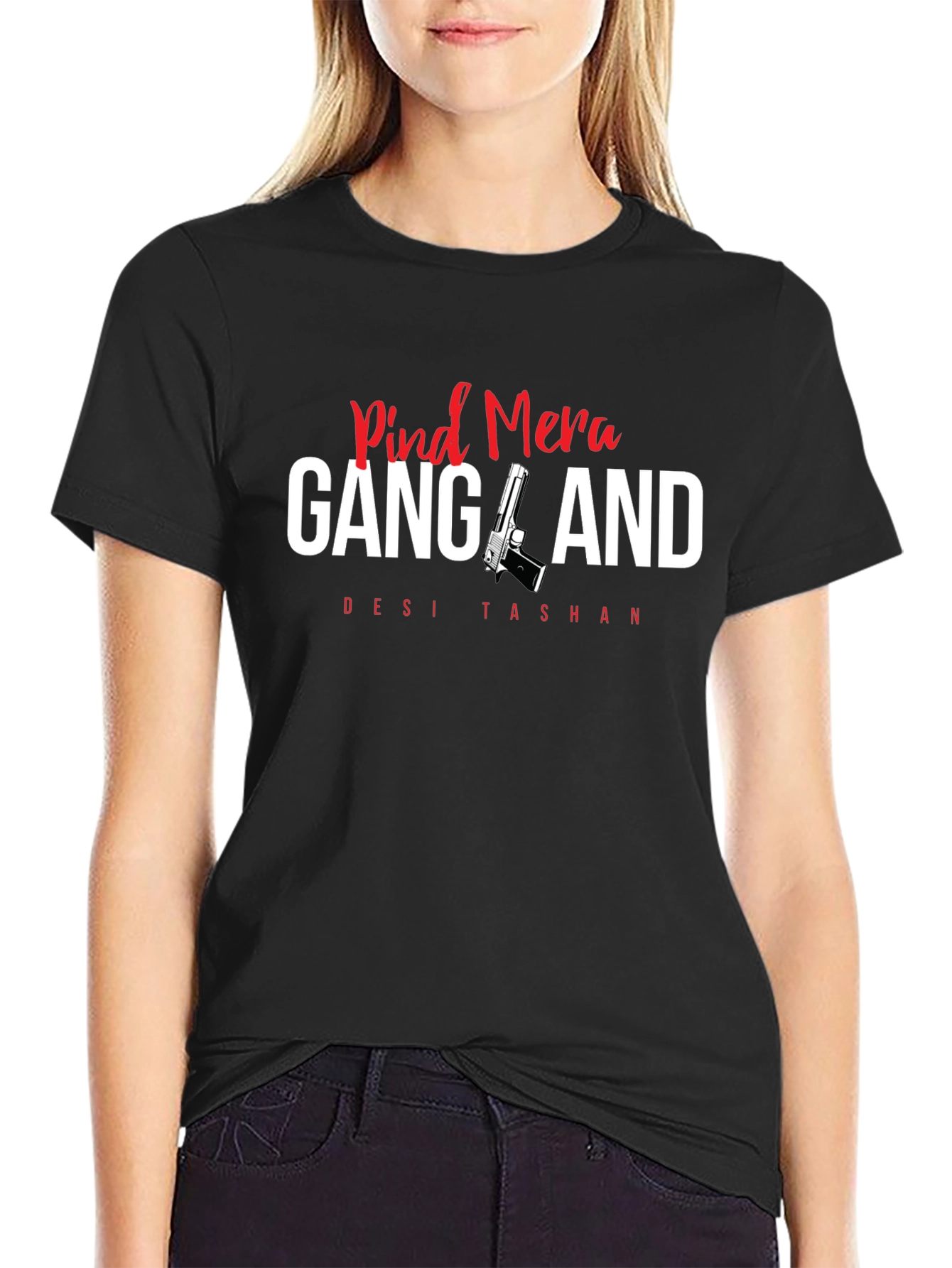 Pind Mera Gangland Mens Black Graphic T-Shirt