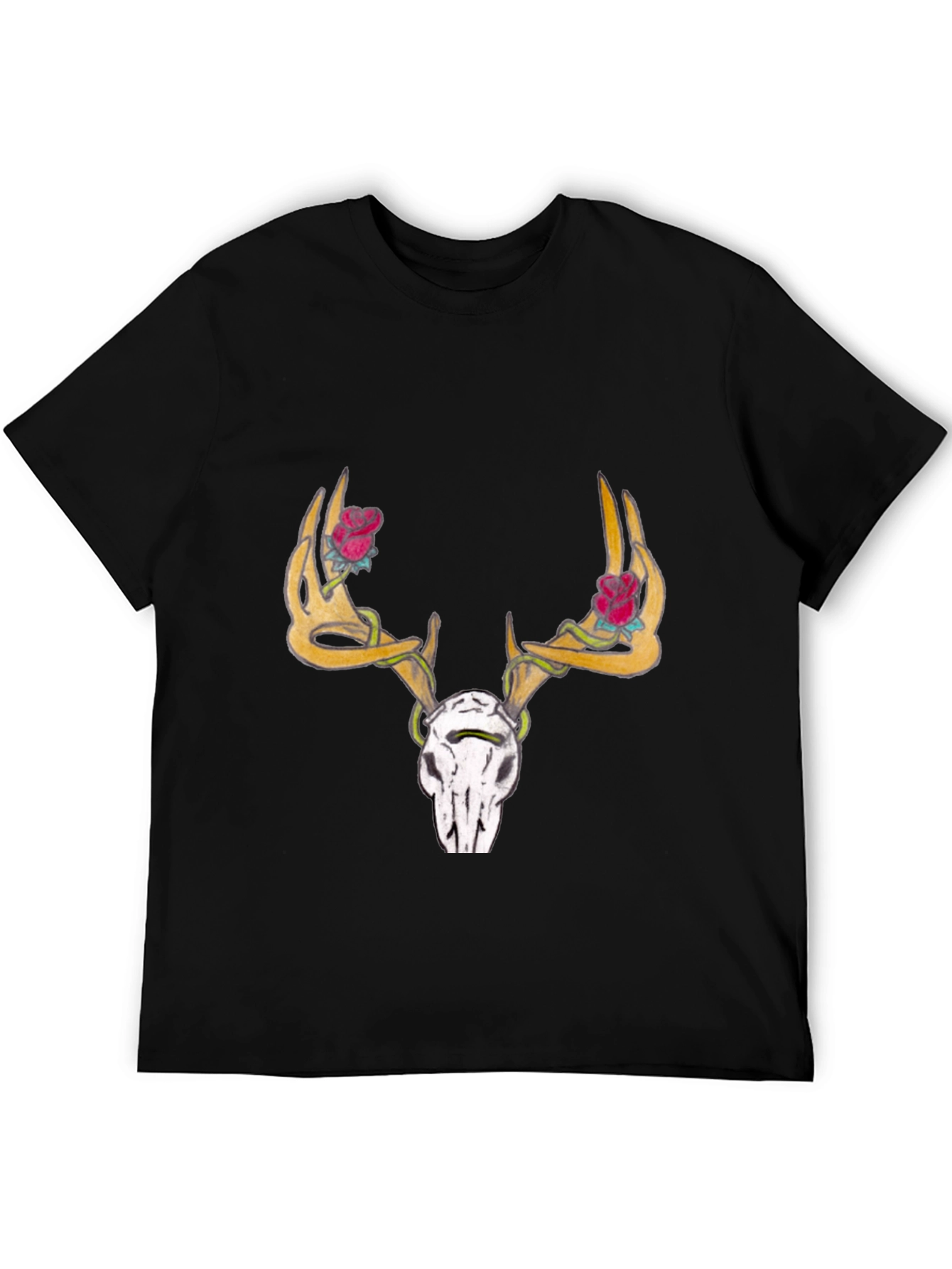 Deer Skull Rose Horn Graphic Tee - Black
