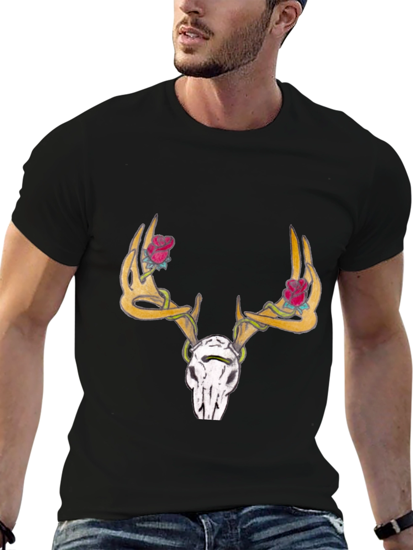 Deer Skull Rose Horn Graphic Tee - Black