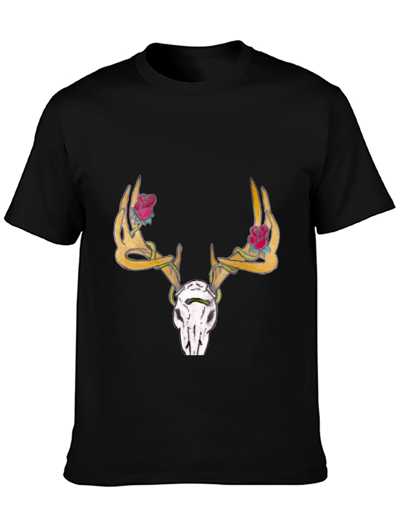 Deer Skull Rose Horn Graphic Tee - Black