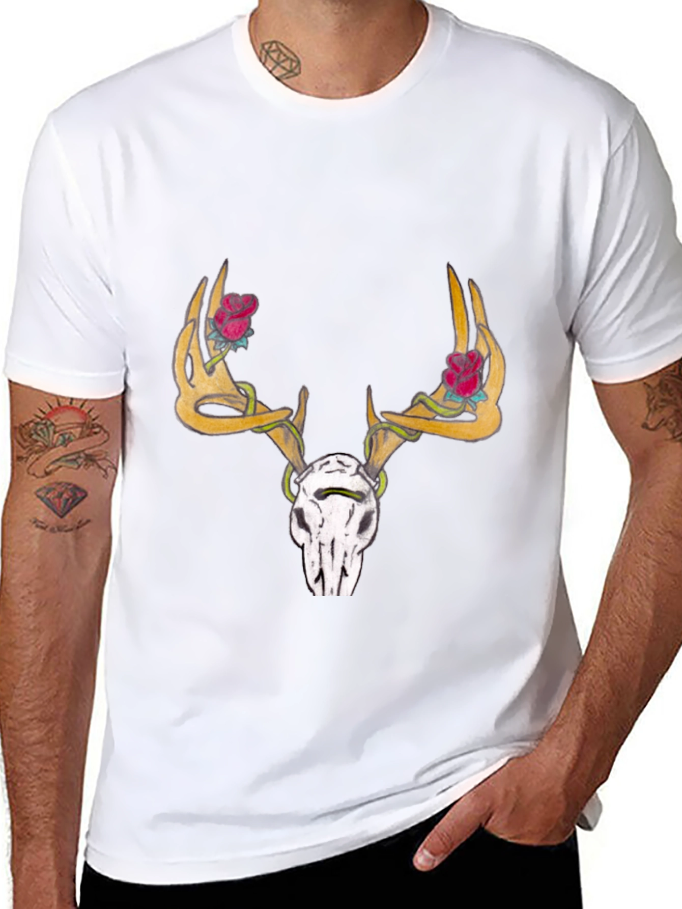 Deer Skull Rose Horn Graphic Tee - Black