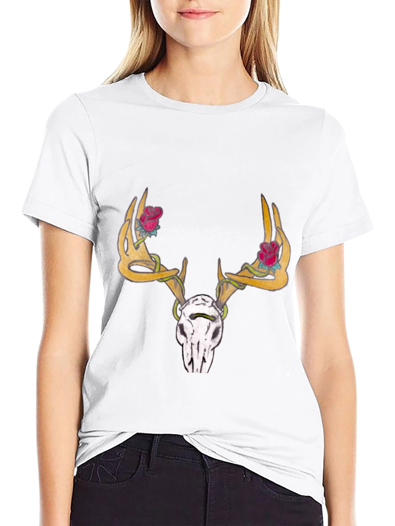 Deer Skull Rose Horn Graphic Tee - Black