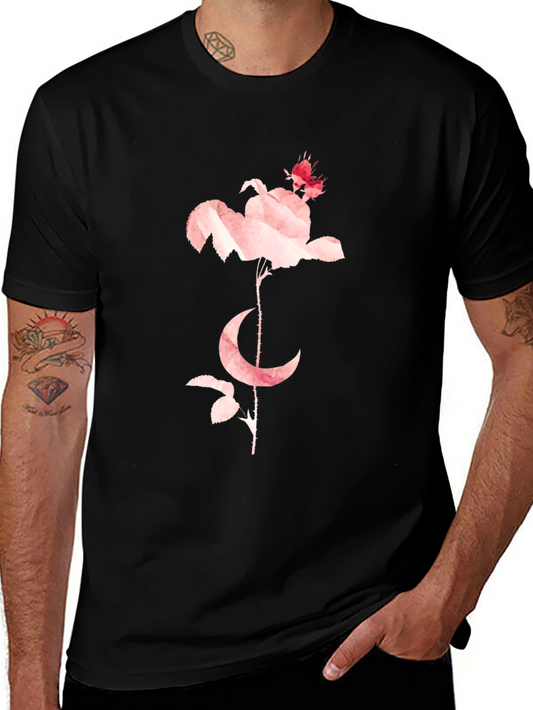 Floral Moon Graphic Tee - Stylish Black Cotton T-Shirt