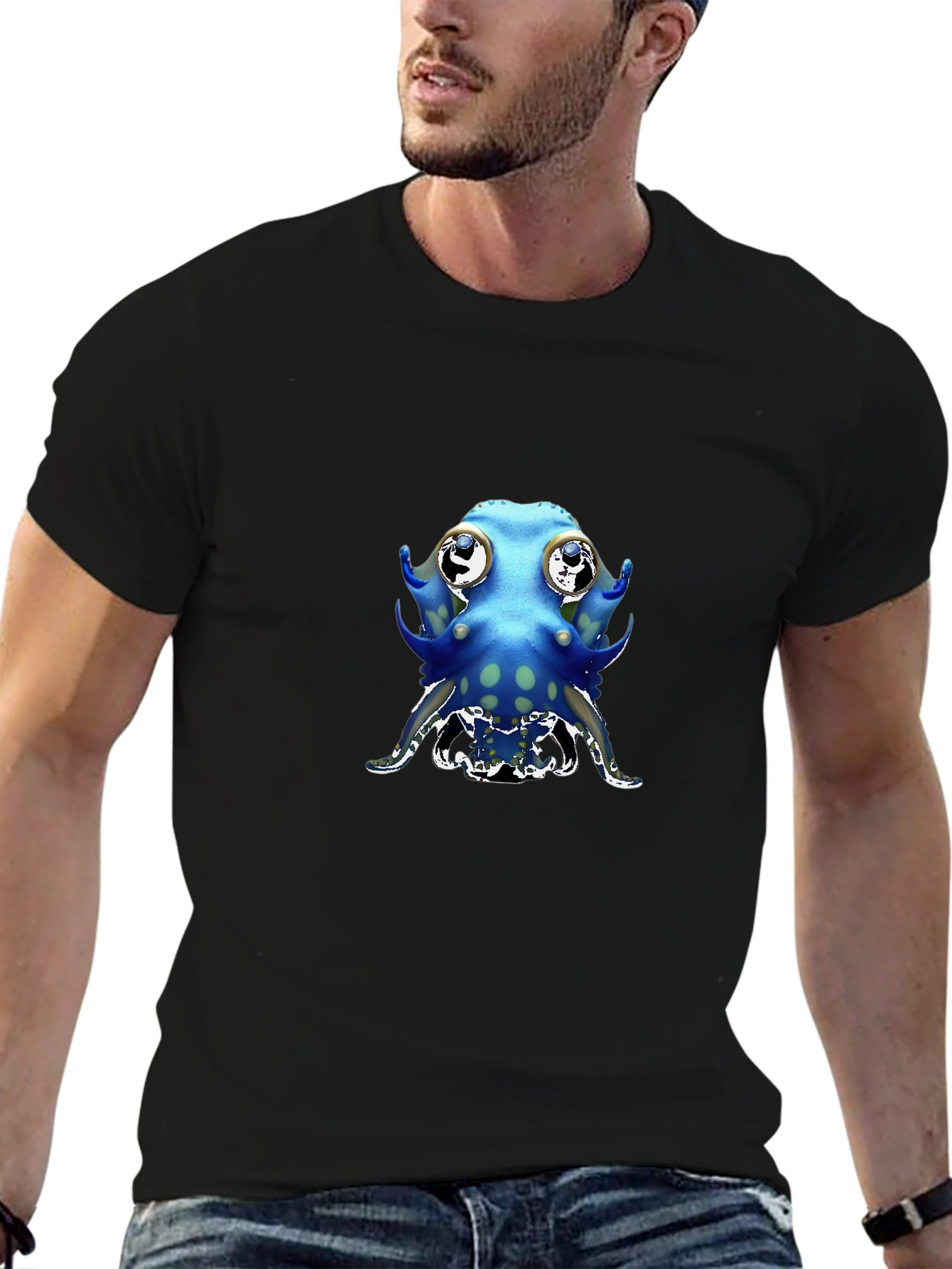 Cartoon Octopus Graphic Tee - Black Cotton Blend