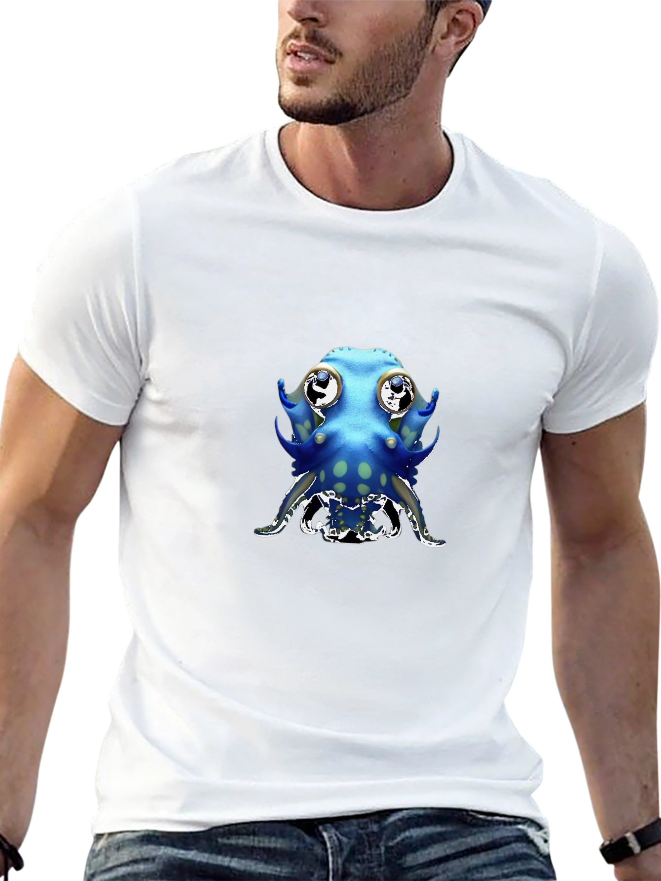 Cartoon Octopus Graphic Tee - Black Cotton Blend