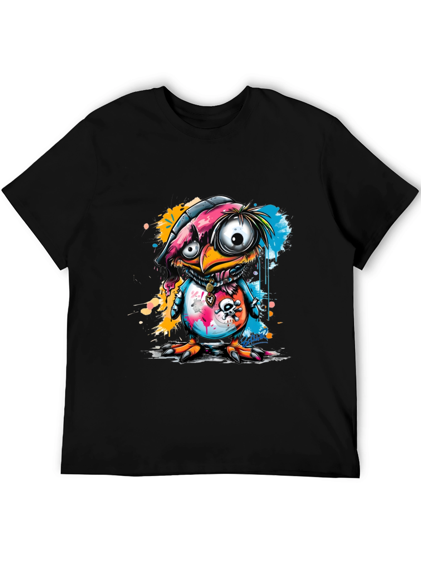Cartoon Bird Graphic Tee - Edgy Skull Design