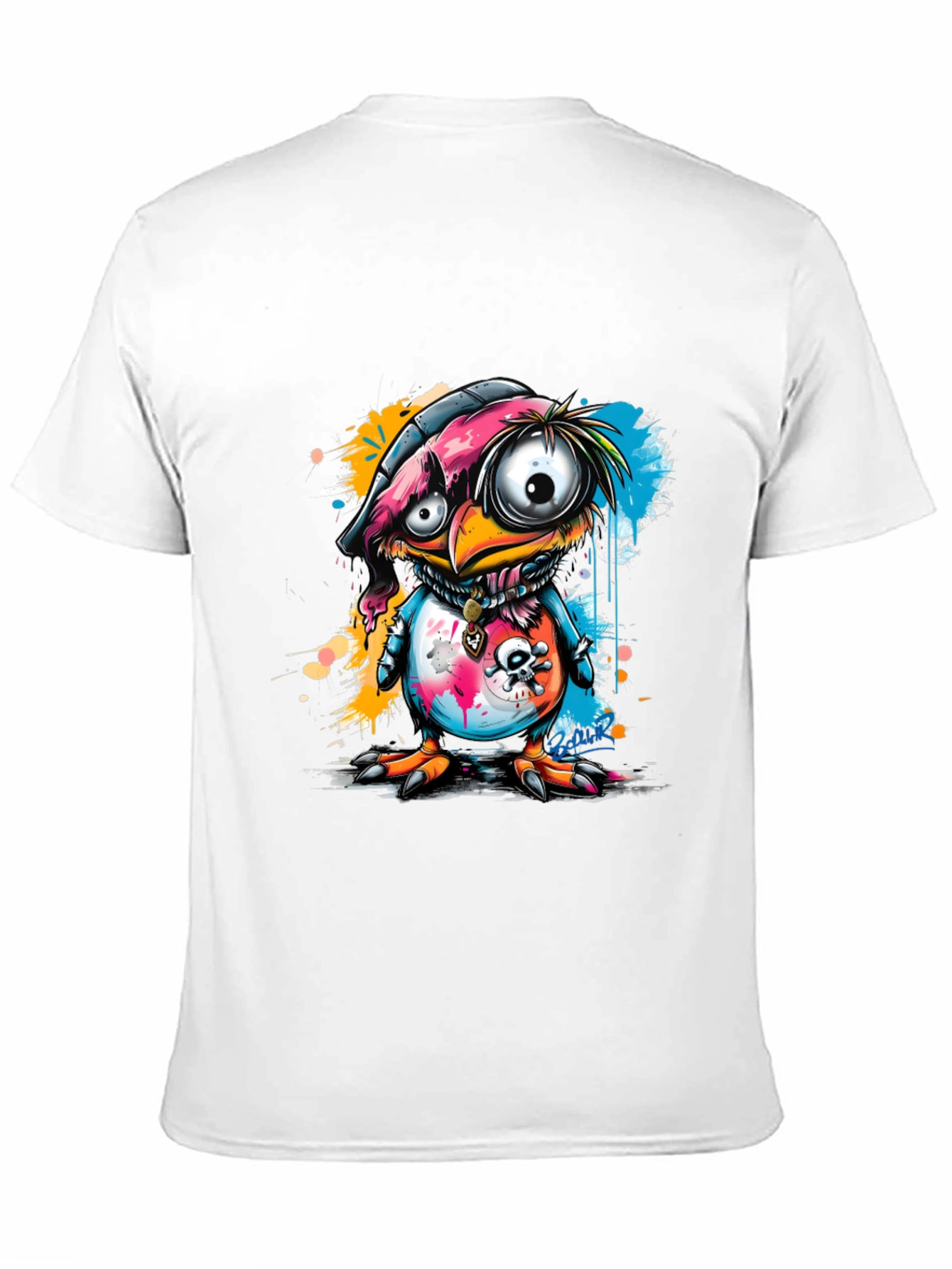 Cartoon Bird Graphic Tee - Edgy Skull Design