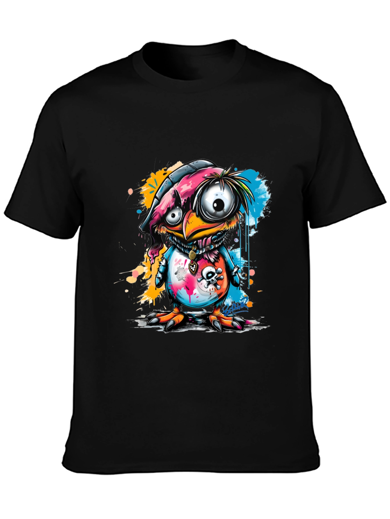 Cartoon Bird Graphic Tee - Edgy Skull Design