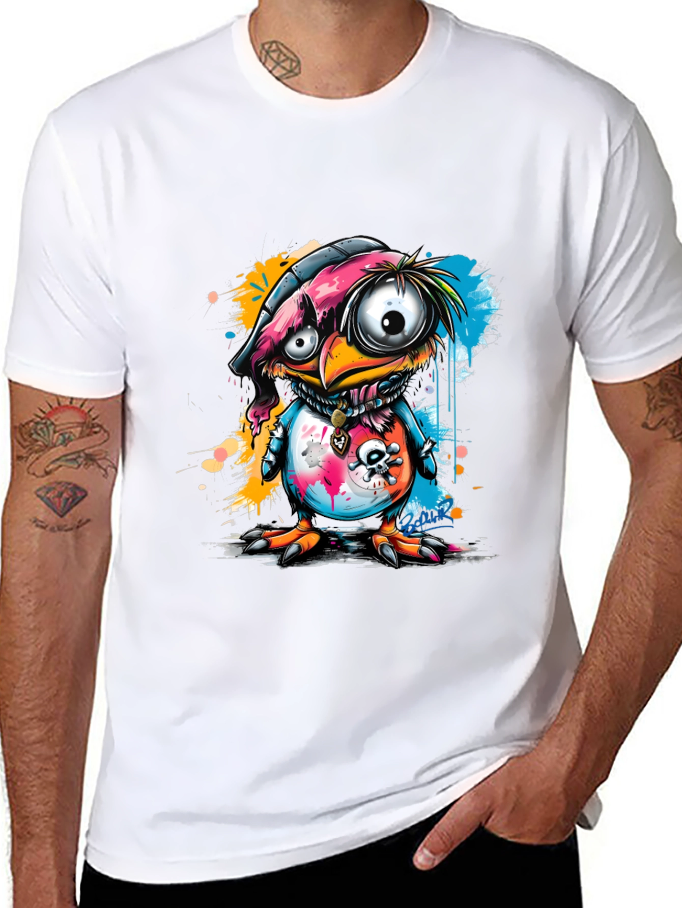 Cartoon Bird Graphic Tee - Edgy Skull Design